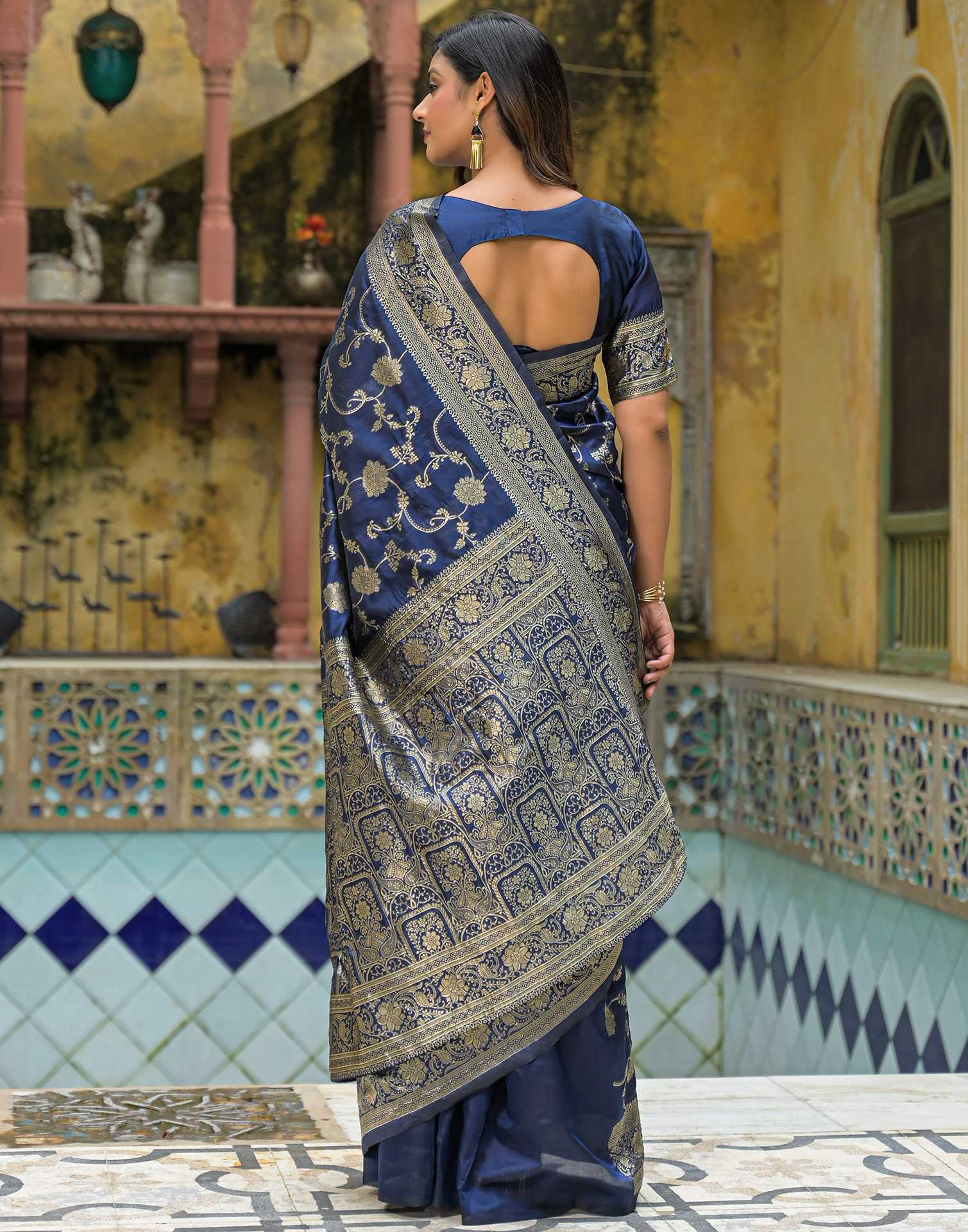 Navy Blue Silk Woven Banarasi Saree
