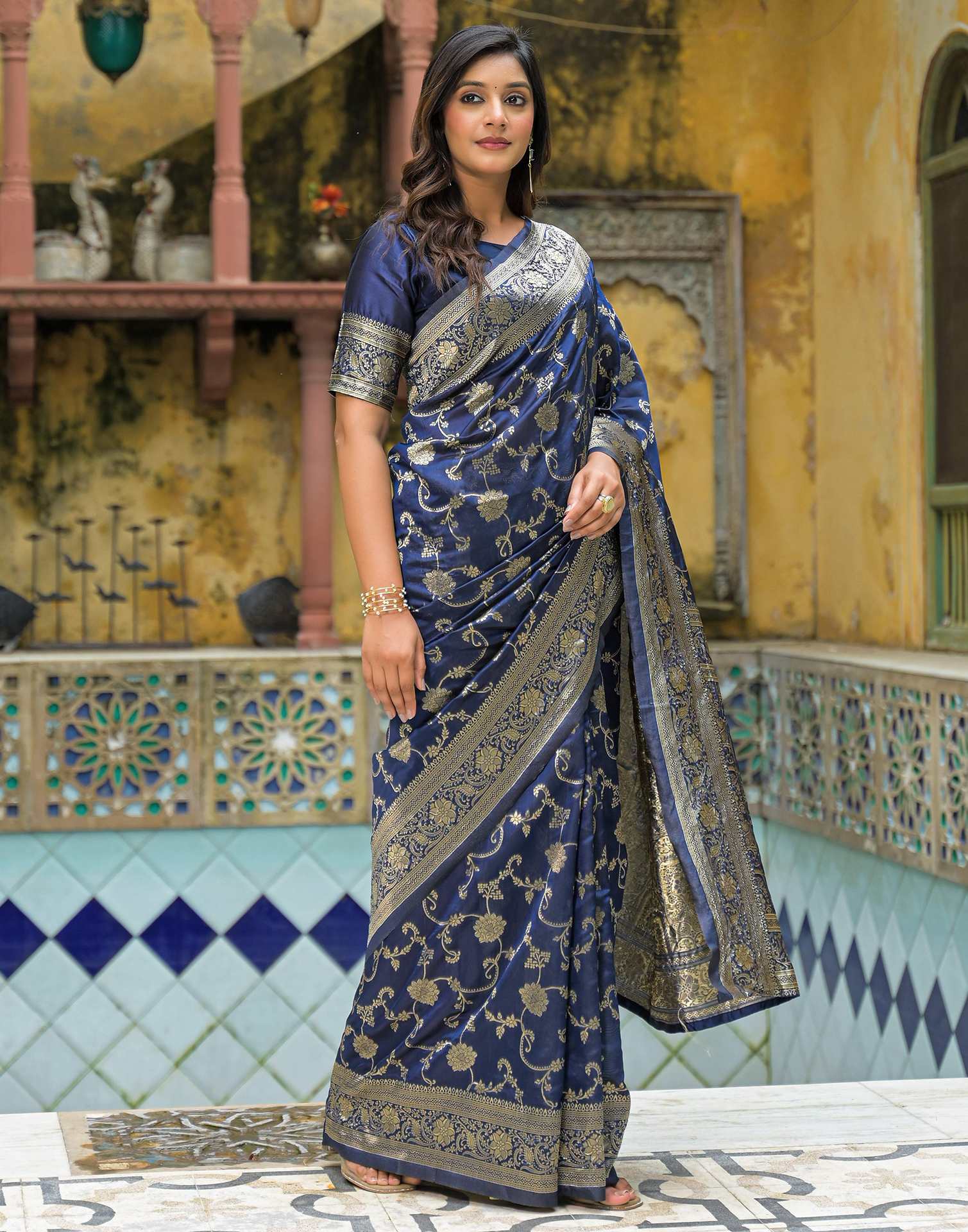 Navy Blue Silk Woven Banarasi Saree