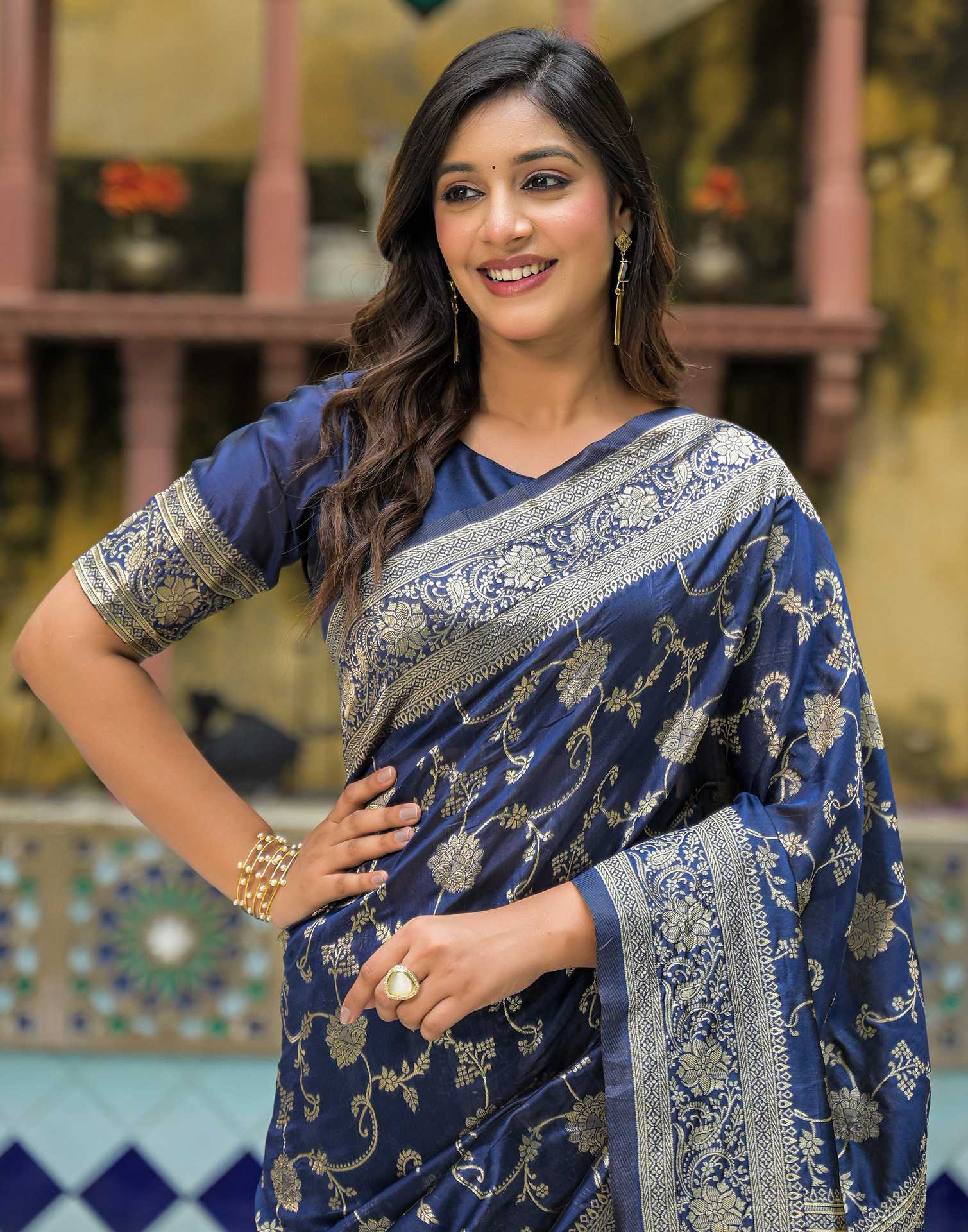 Navy Blue Silk Woven Banarasi Saree