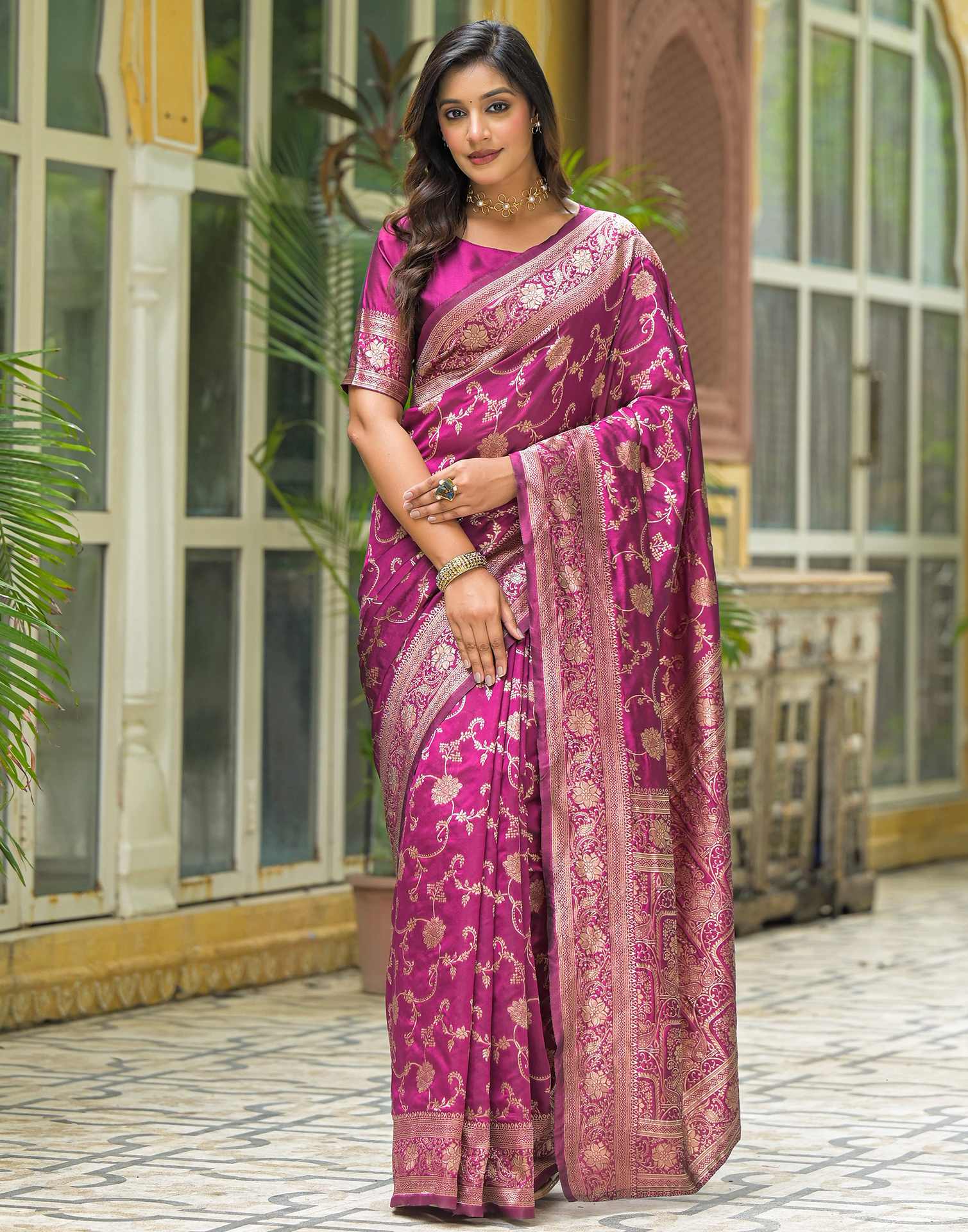 Dark Magenta Silk Woven Banarasi Saree