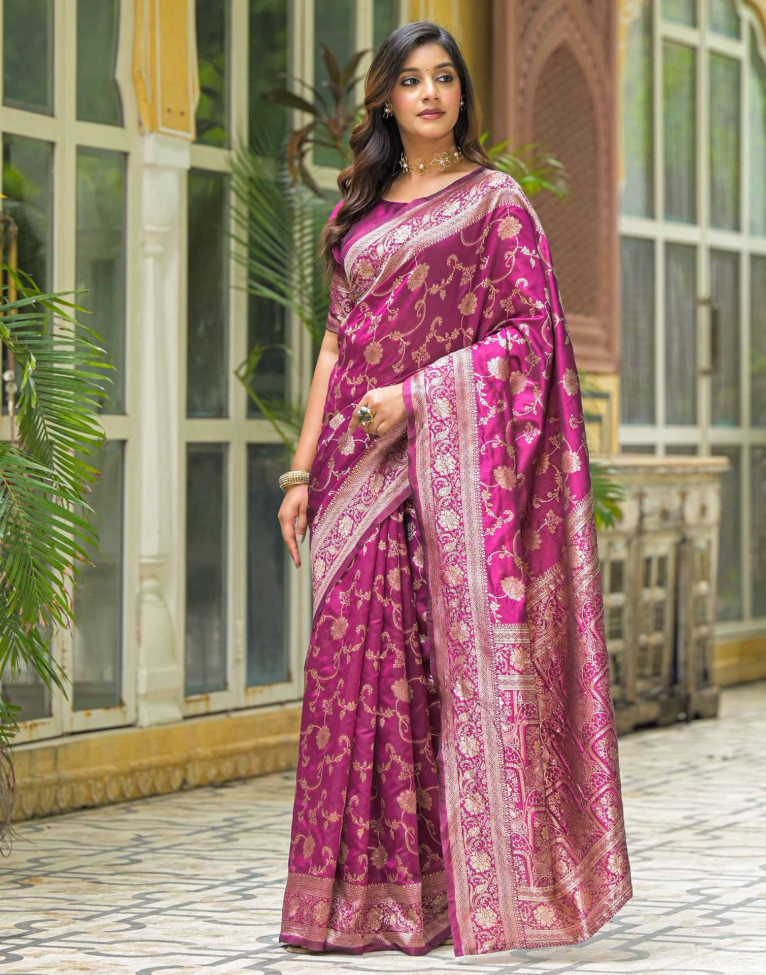 Dark Magenta Silk Woven Banarasi Saree