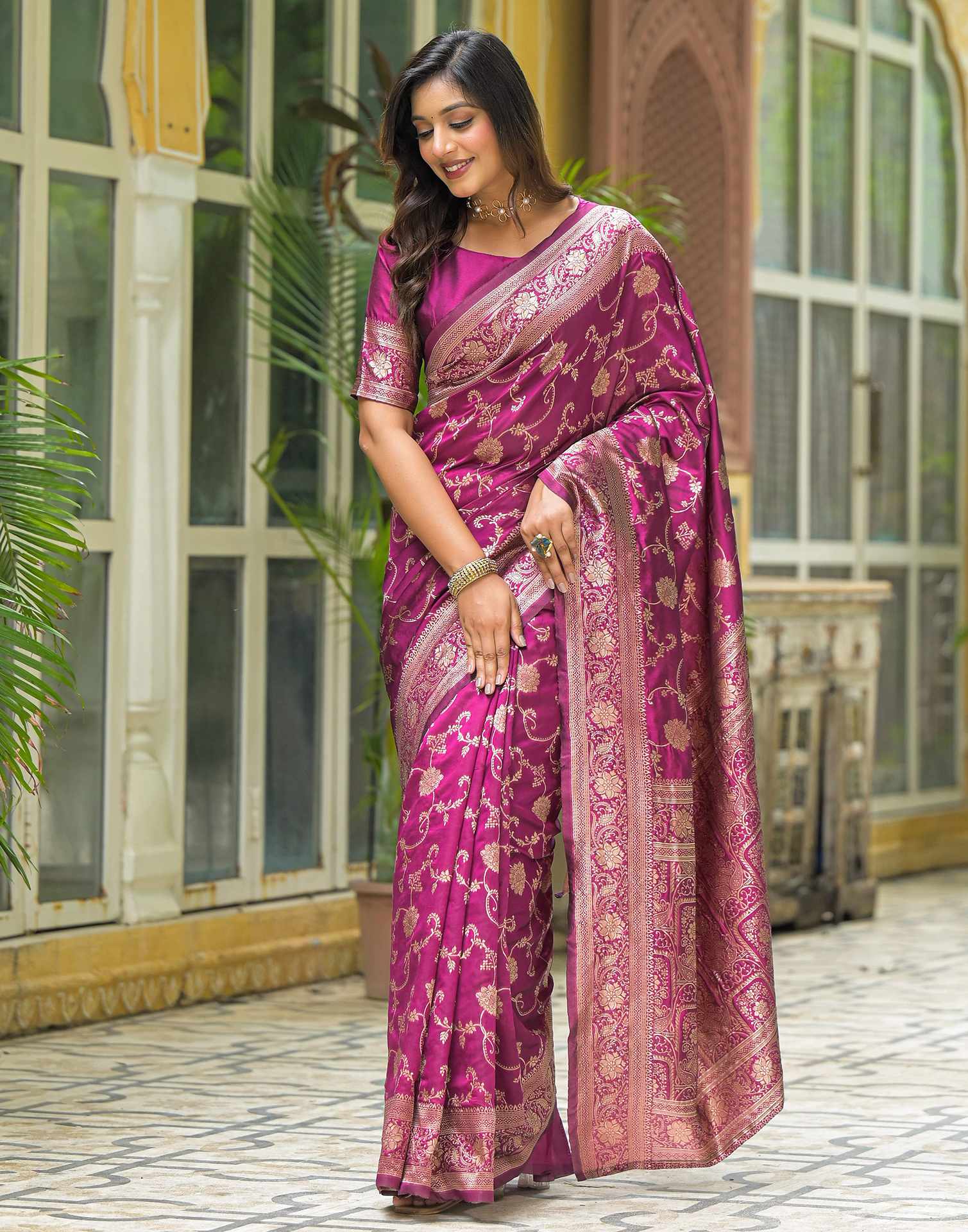 Dark Magenta Silk Woven Banarasi Saree