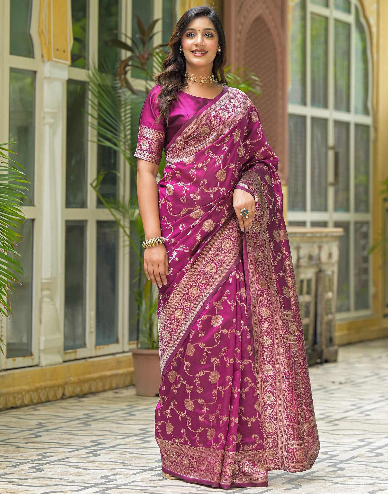 Dark Magenta Silk Woven Banarasi Saree