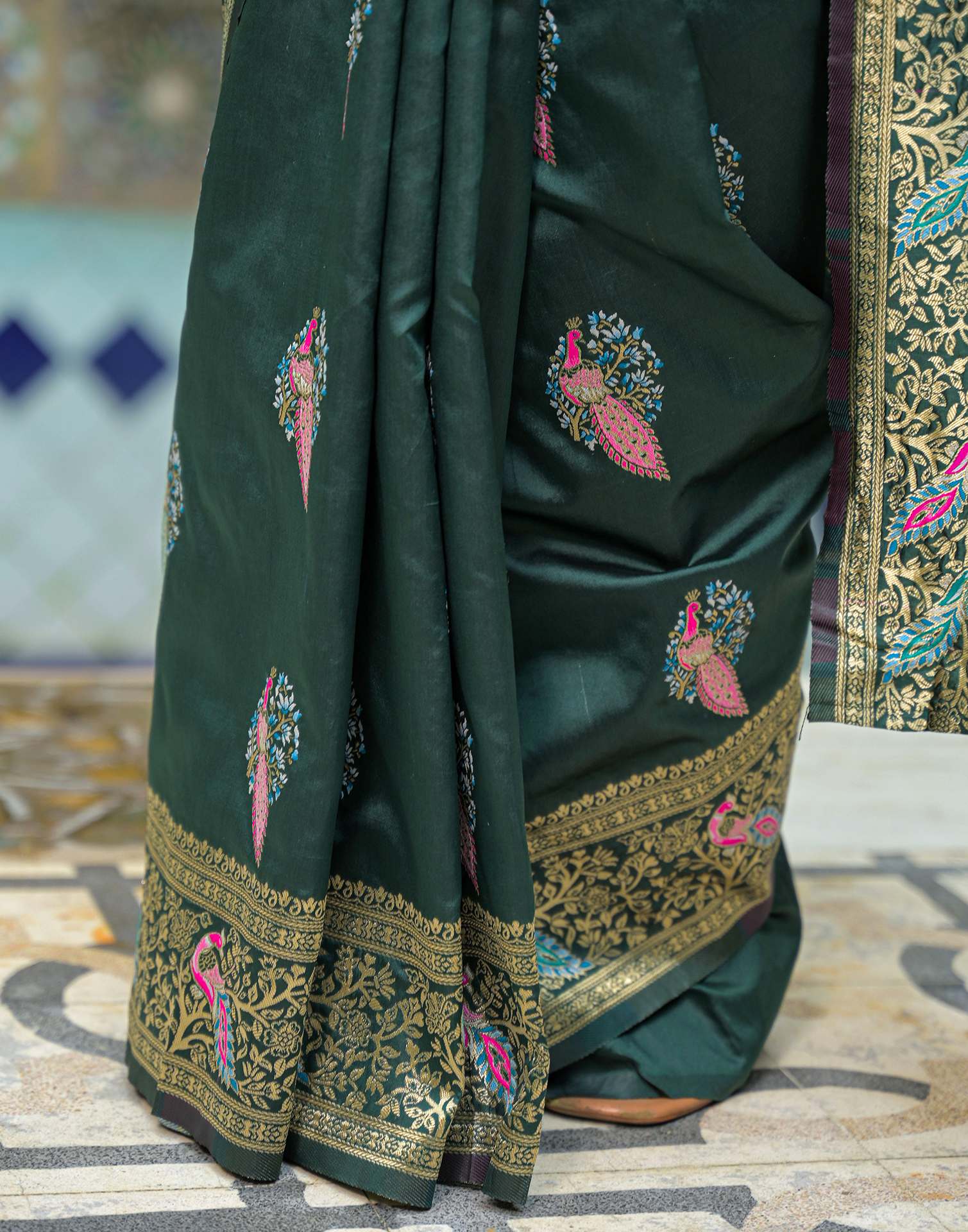 Bottle Green Silk Woven Saree