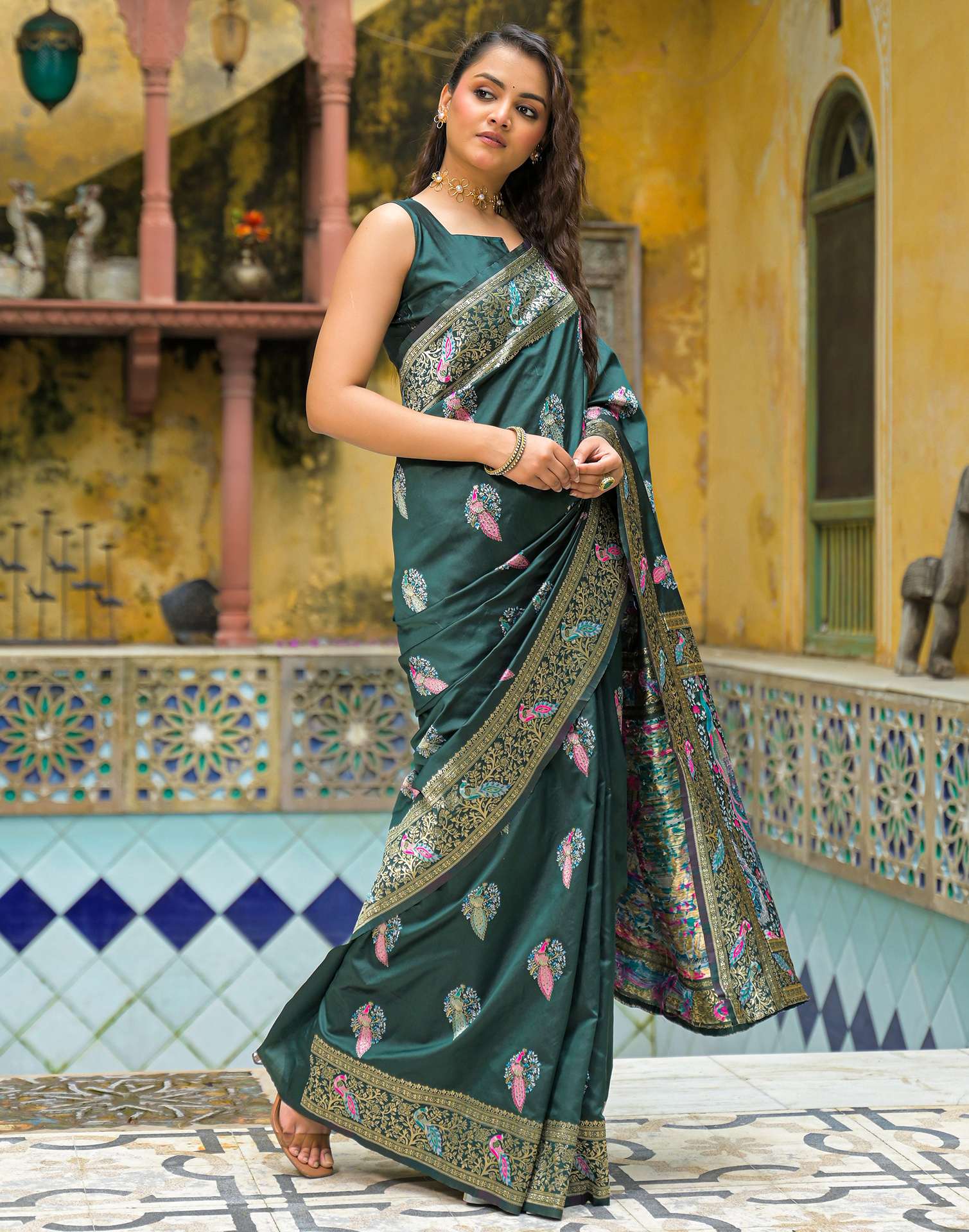 Bottle Green Silk Woven Saree