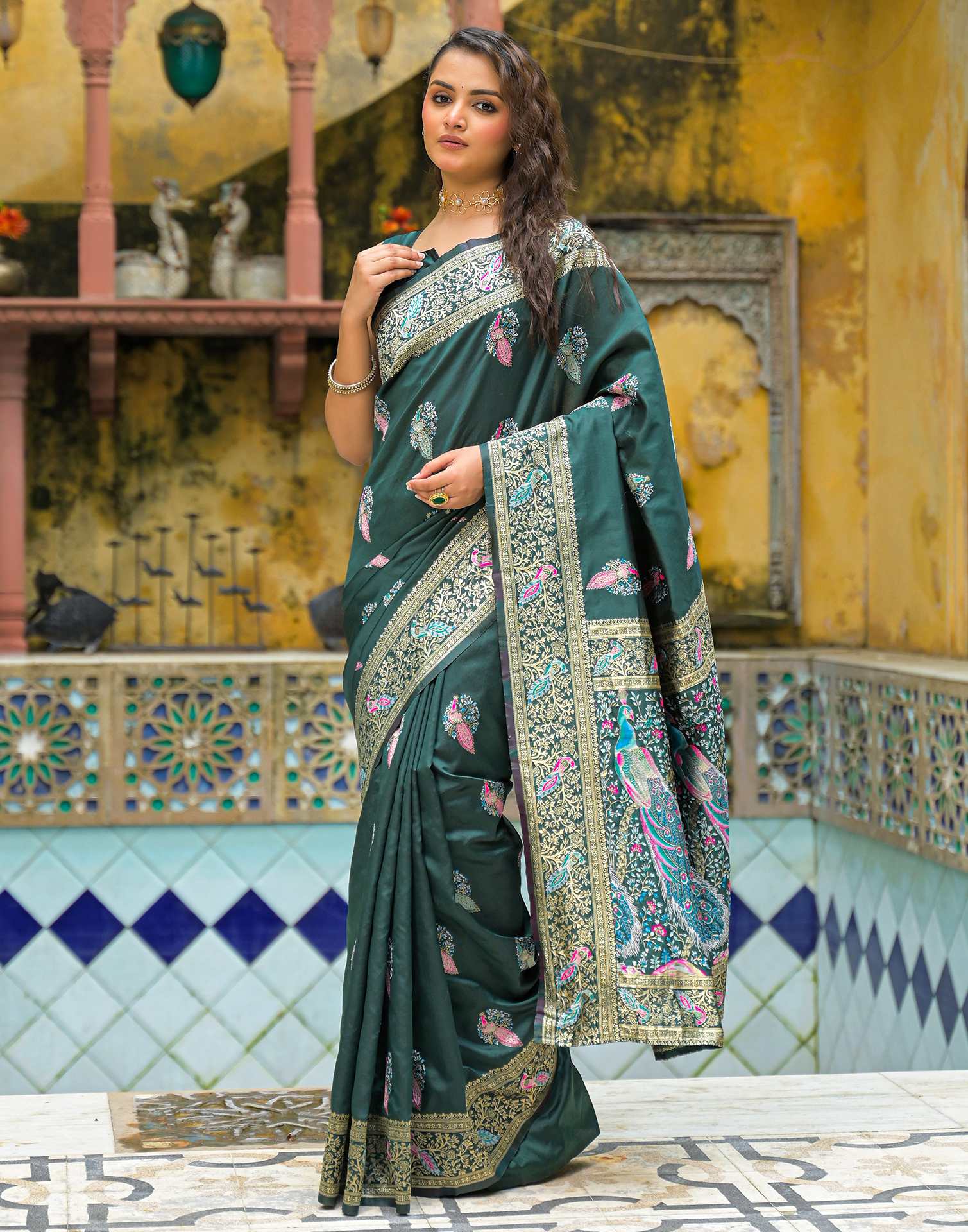 Bottle Green Silk Woven Saree