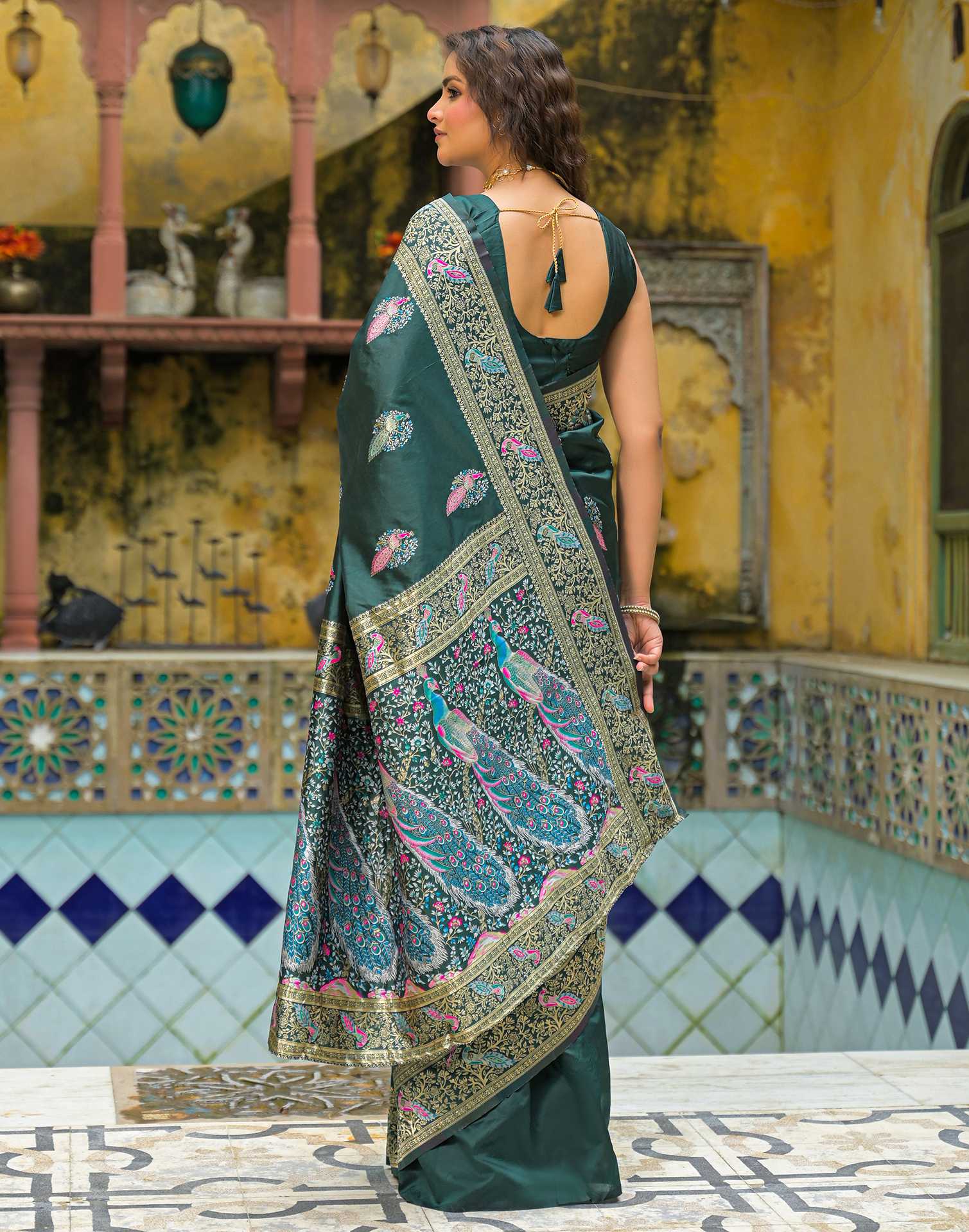 Bottle Green Silk Woven Saree