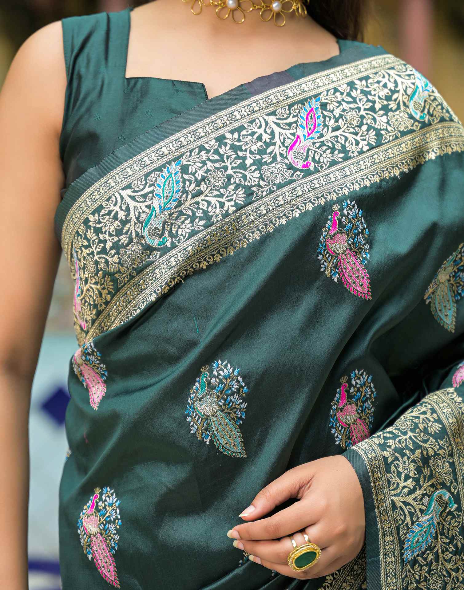 Bottle Green Silk Woven Saree