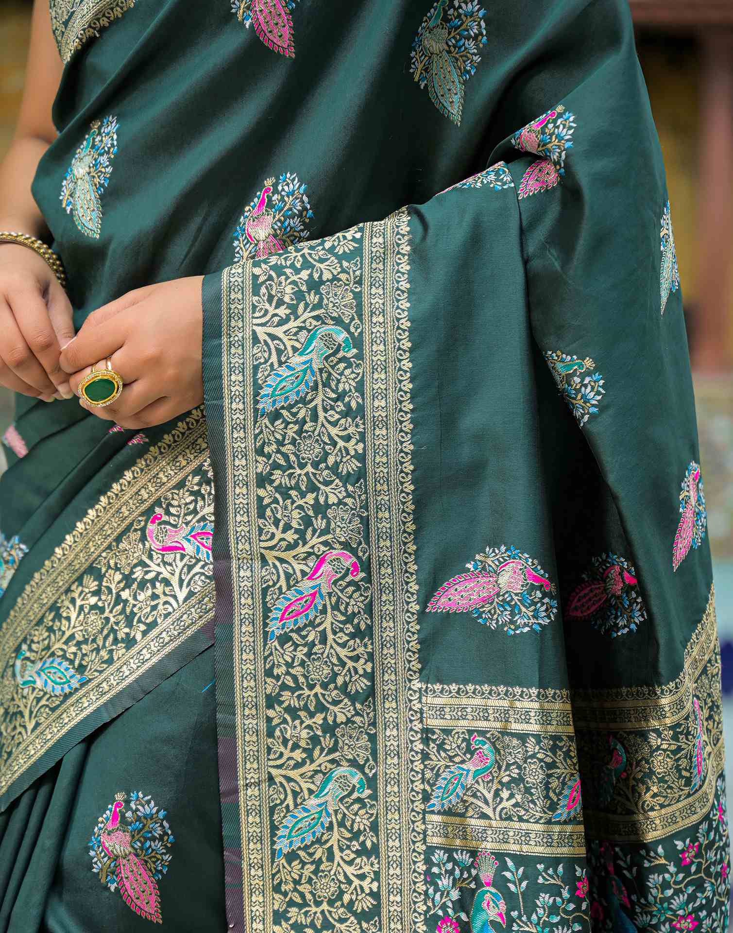 Bottle Green Silk Woven Saree