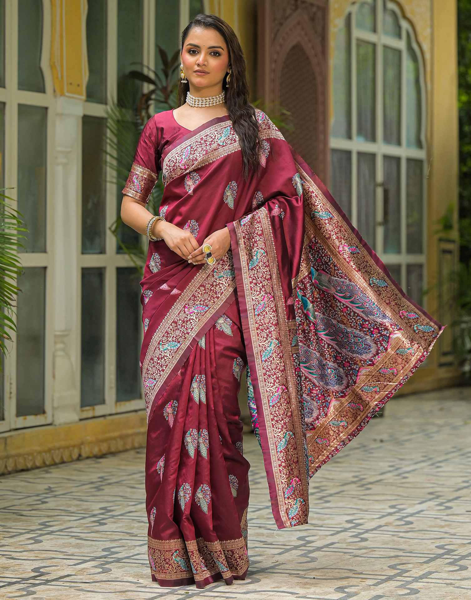Maroon Silk Woven Saree