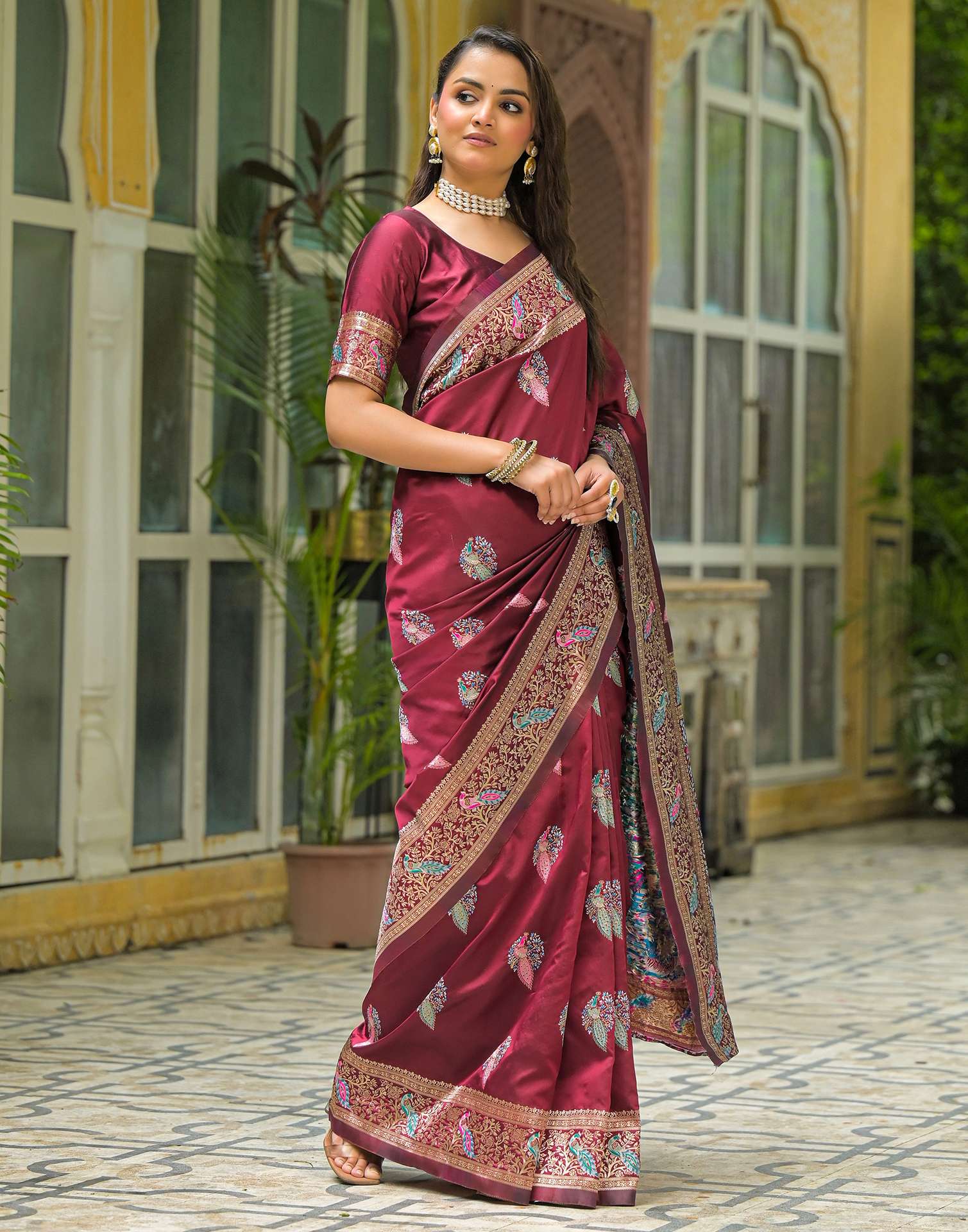 Maroon Silk Woven Saree