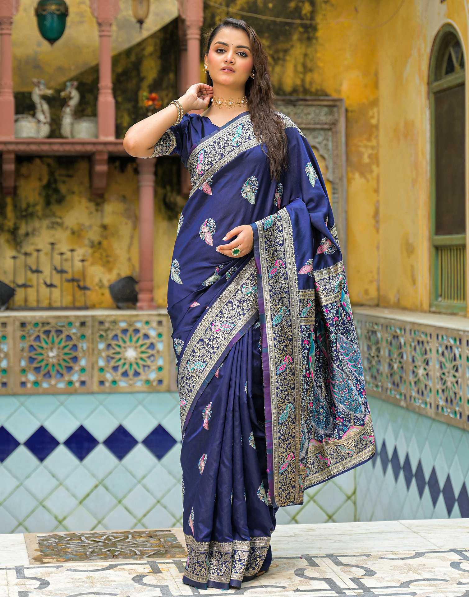 Navy Blue Silk Woven Saree