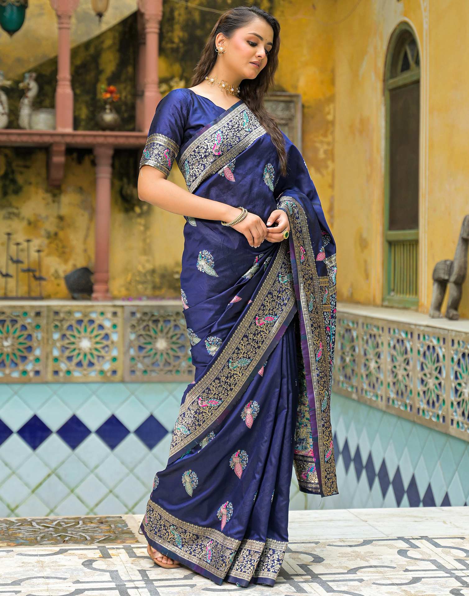 Navy Blue Silk Woven Saree