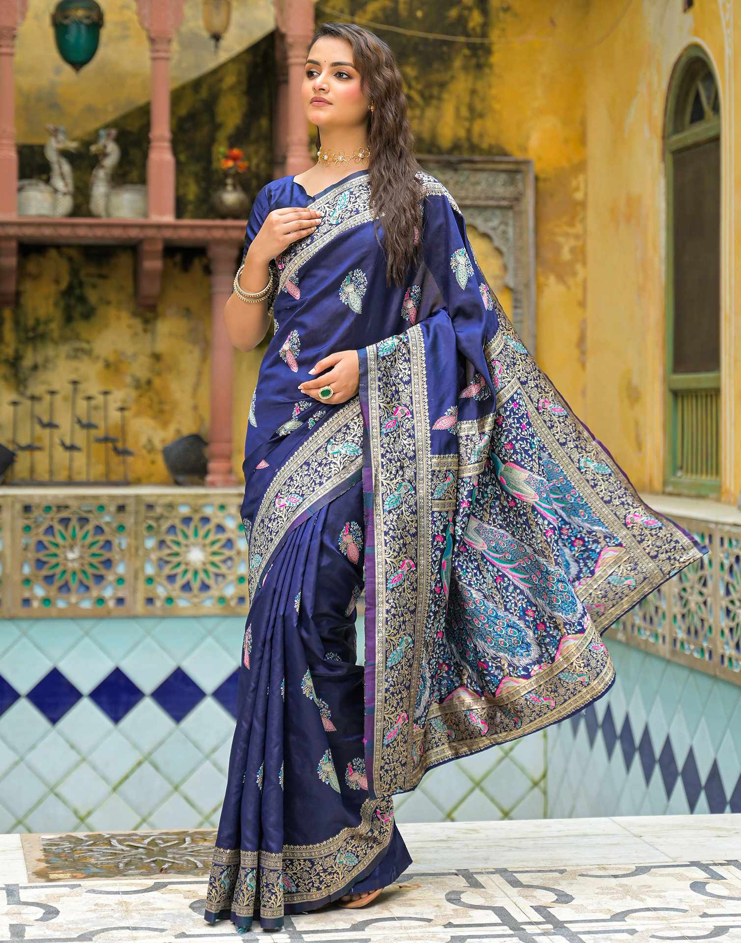 Navy Blue Silk Woven Saree