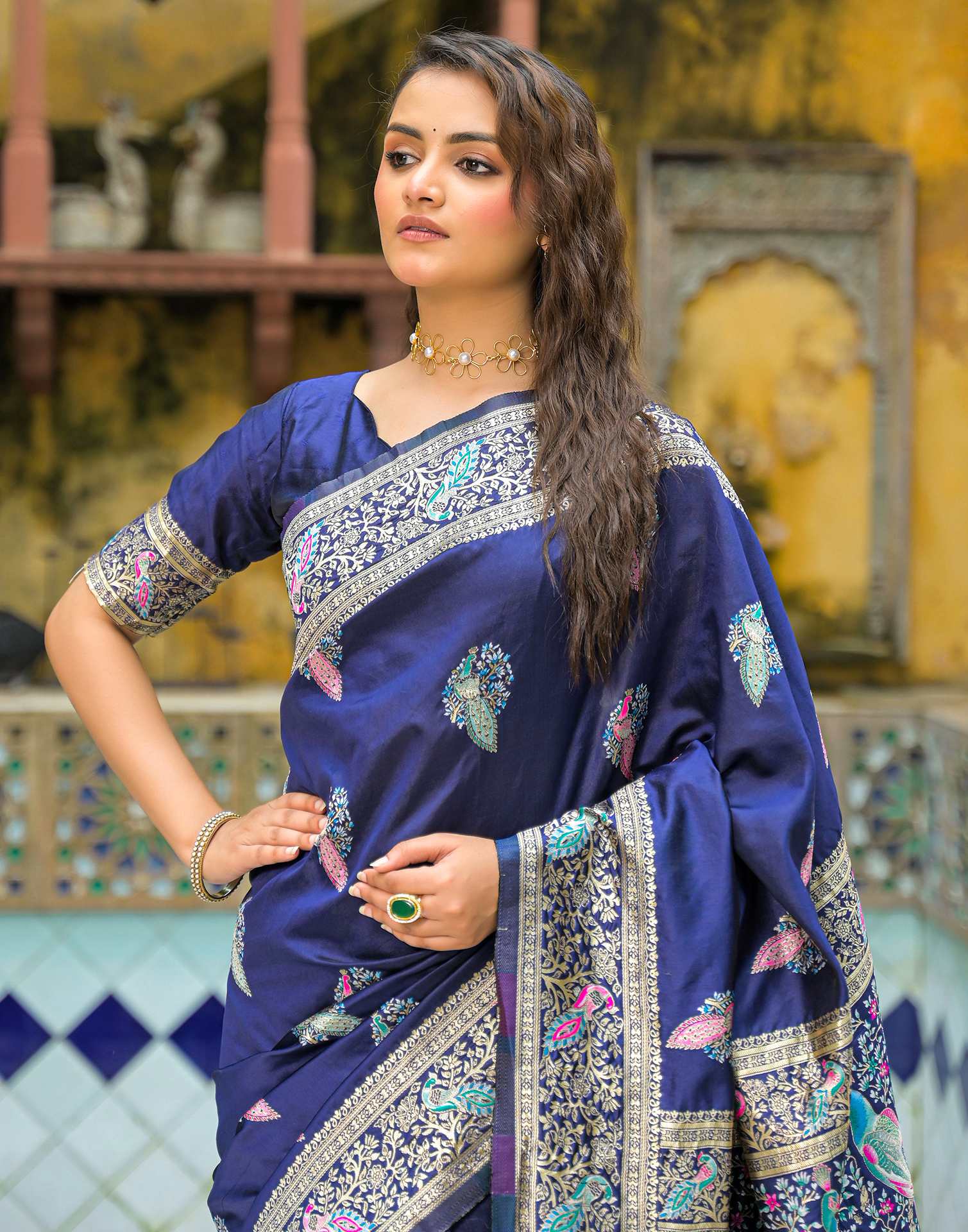 Navy Blue Silk Woven Saree