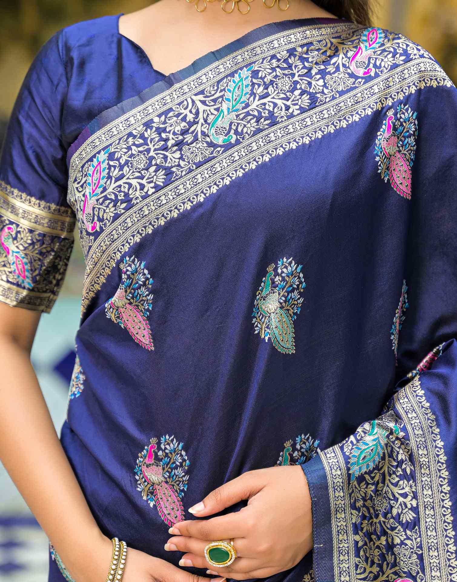 Navy Blue Silk Woven Saree
