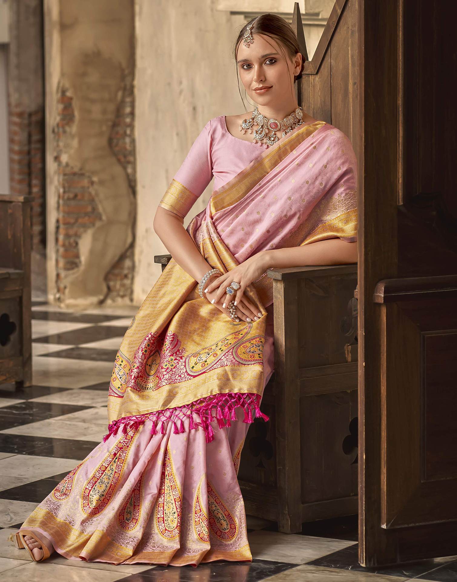 Baby Pink Silk Woven Saree