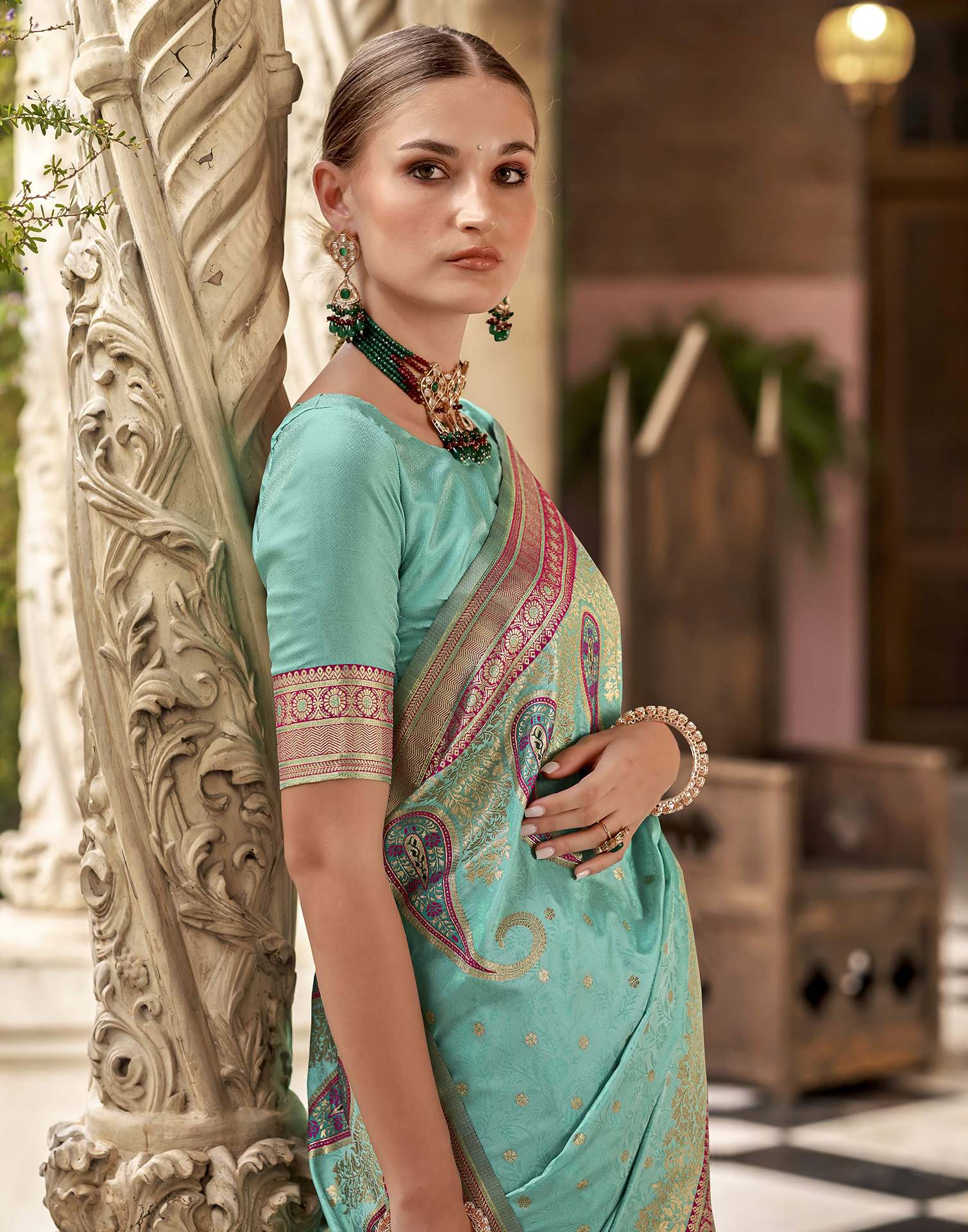 Turquoise Silk Woven Saree
