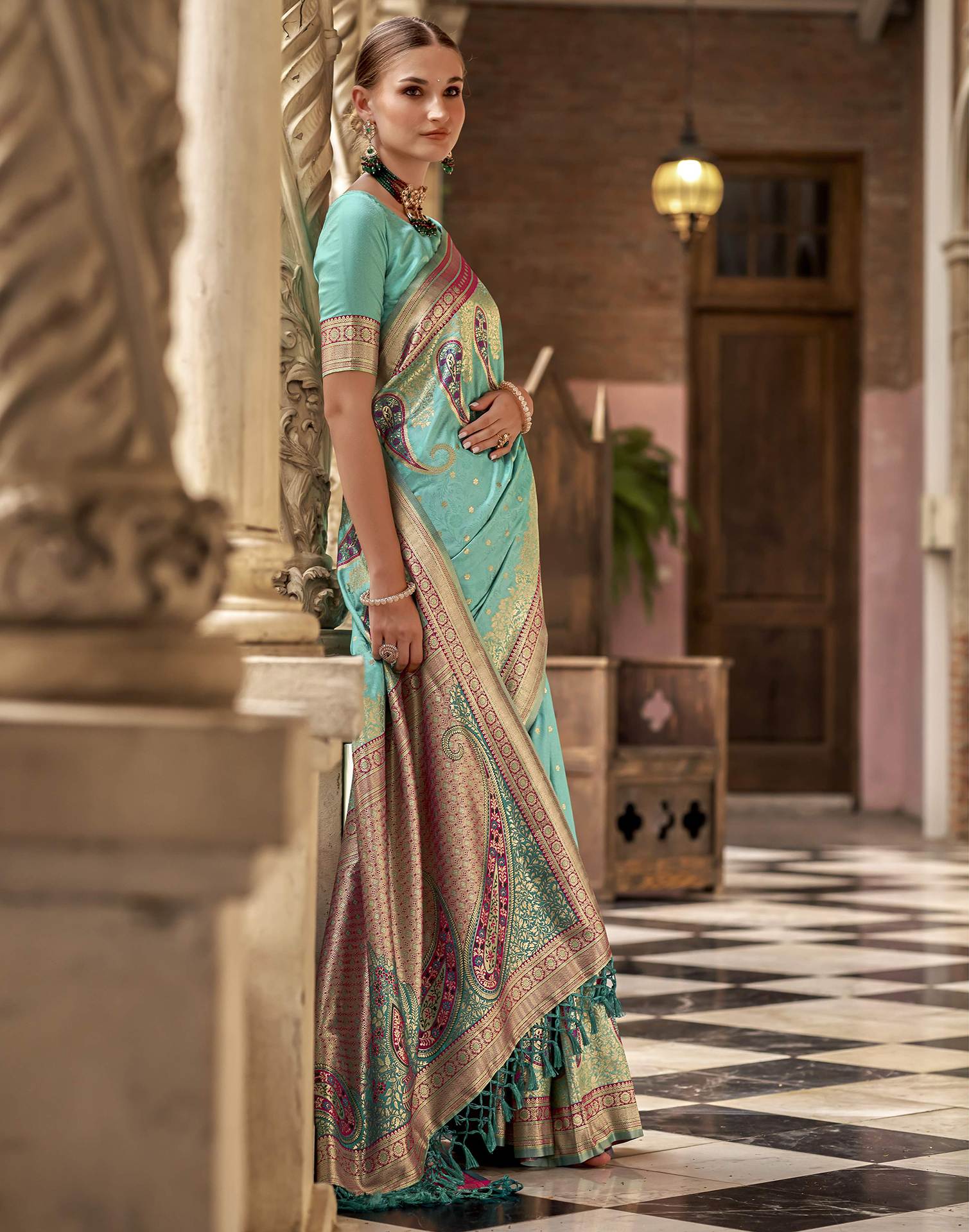 Turquoise Silk Woven Saree