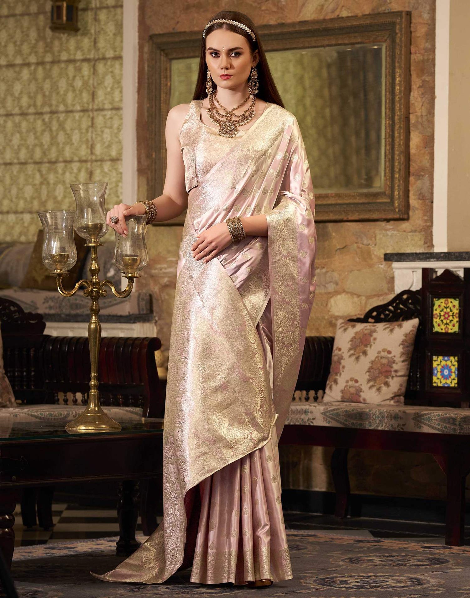 Baby Pink Silk Woven Banarasi Saree
