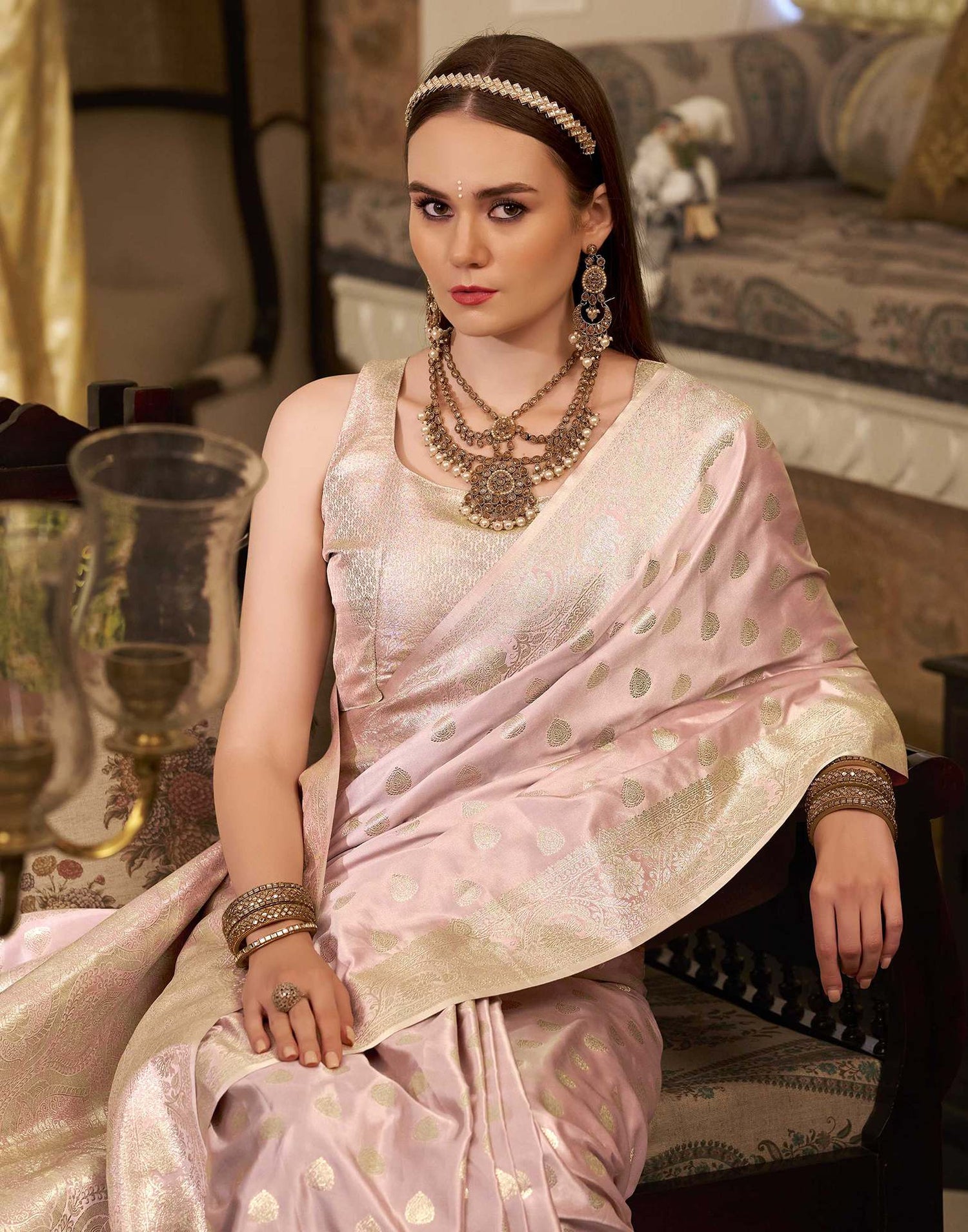 Baby Pink Silk Woven Banarasi Saree