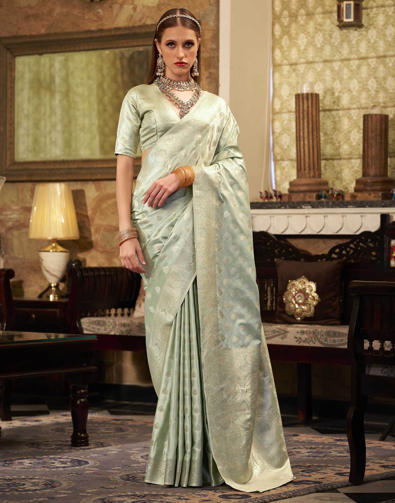 Light Pista Green Silk Woven Banarasi Saree