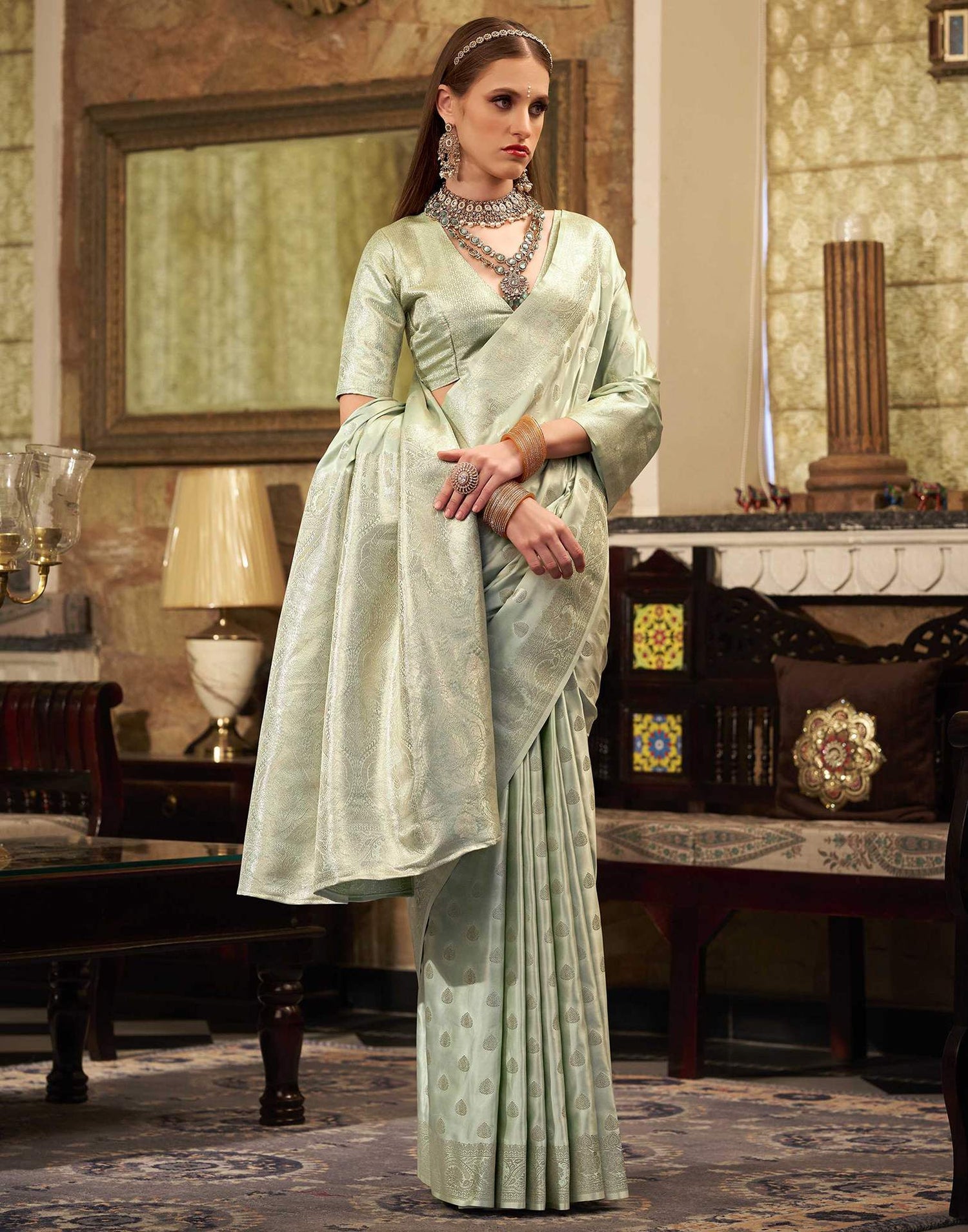 Light Pista Green Silk Woven Banarasi Saree