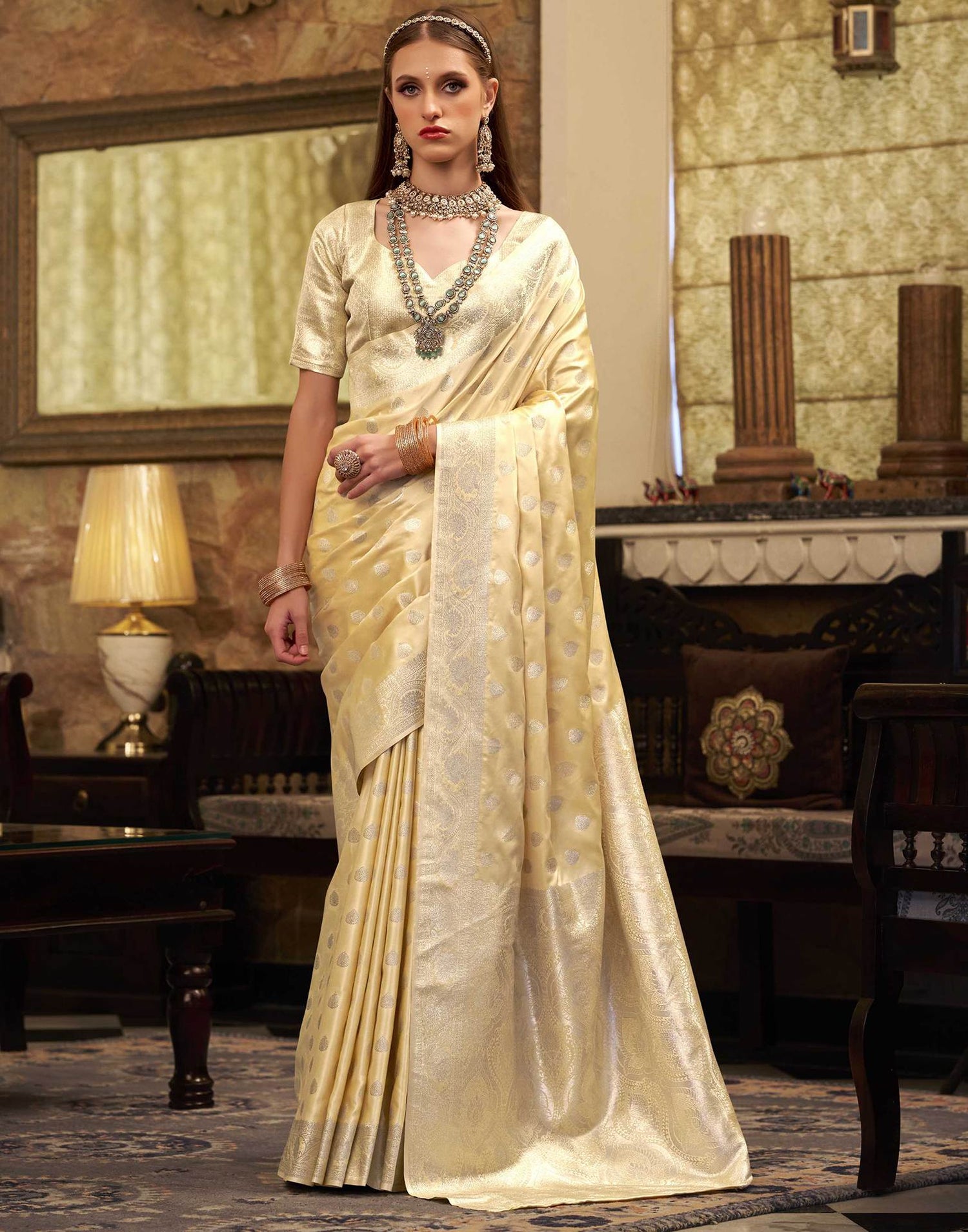 Light Yellow Silk Woven Banarasi Saree