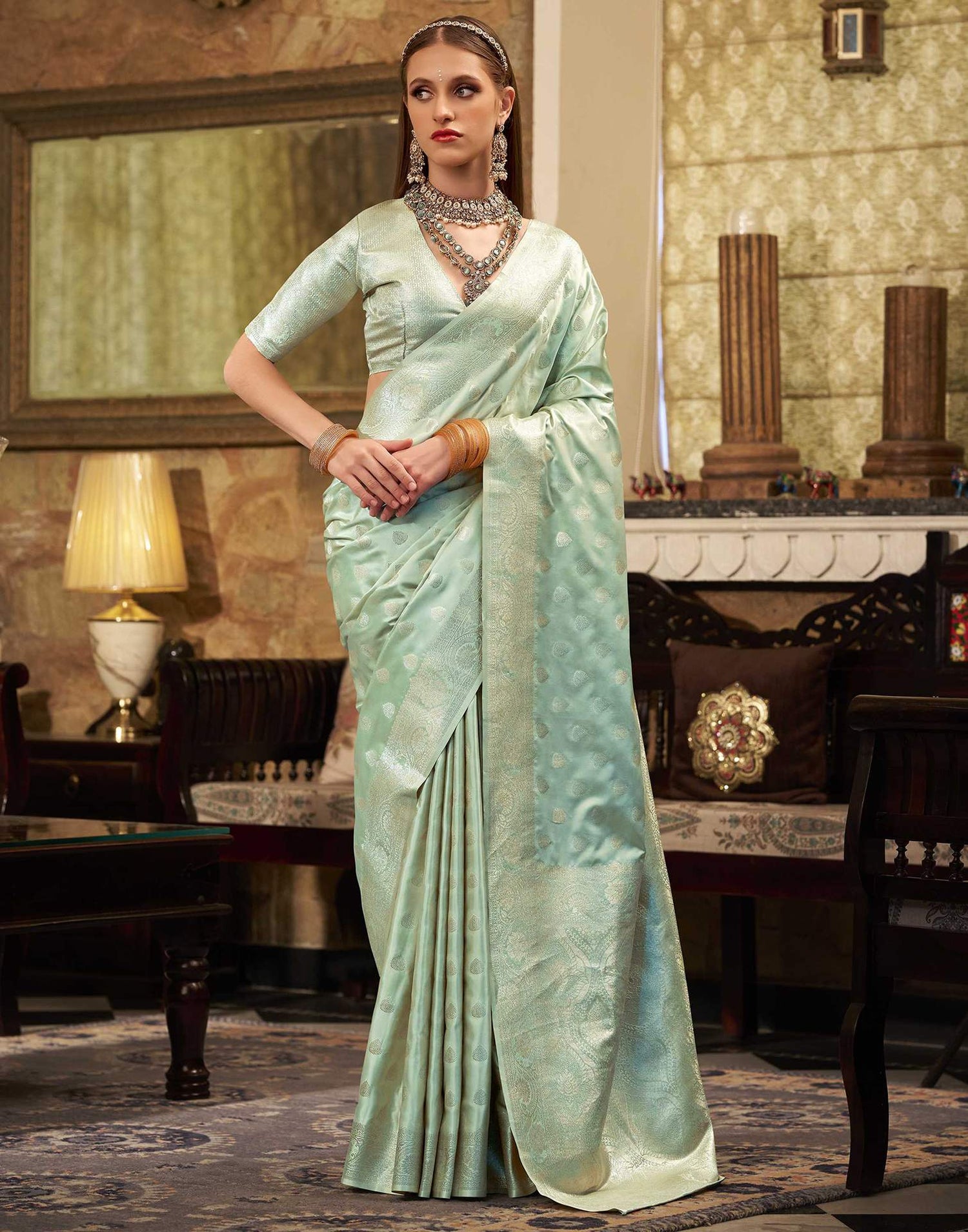 Mint Green Silk Woven Banarasi Saree