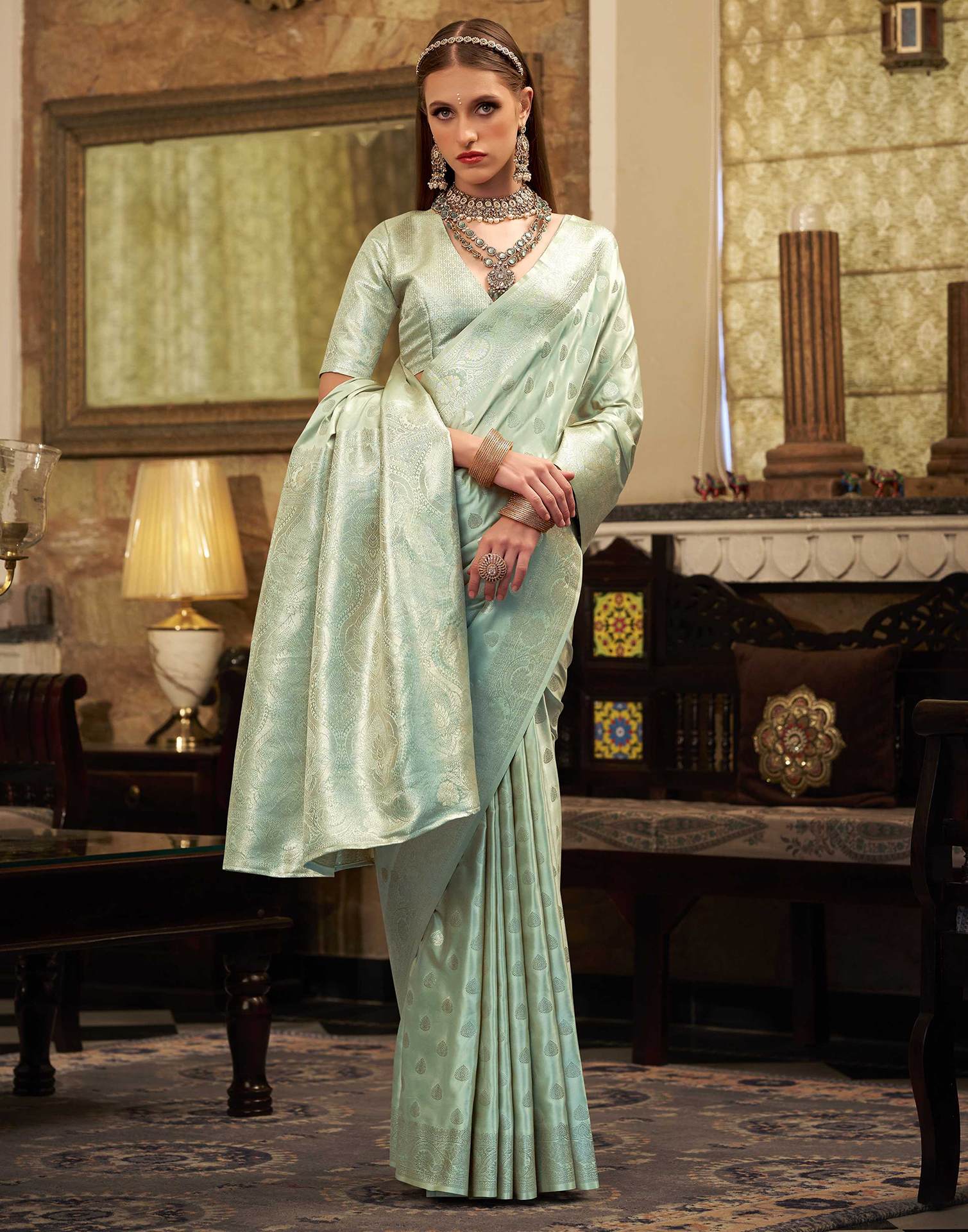 Mint Green Silk Woven Banarasi Saree