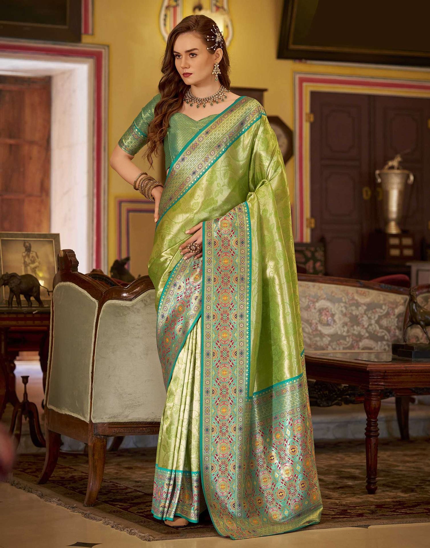 Parrot Green Tissue Silk Woven Banarasi Saree