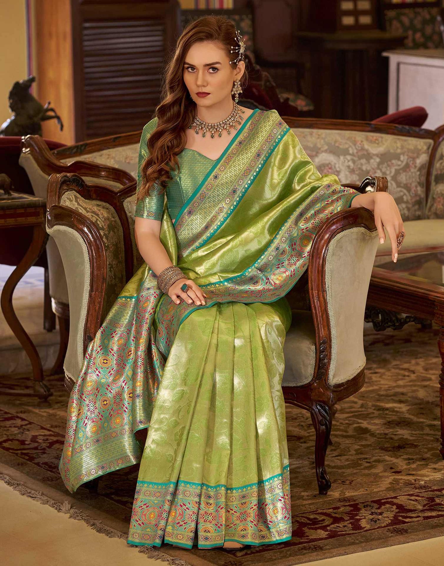 Parrot Green Tissue Silk Woven Banarasi Saree
