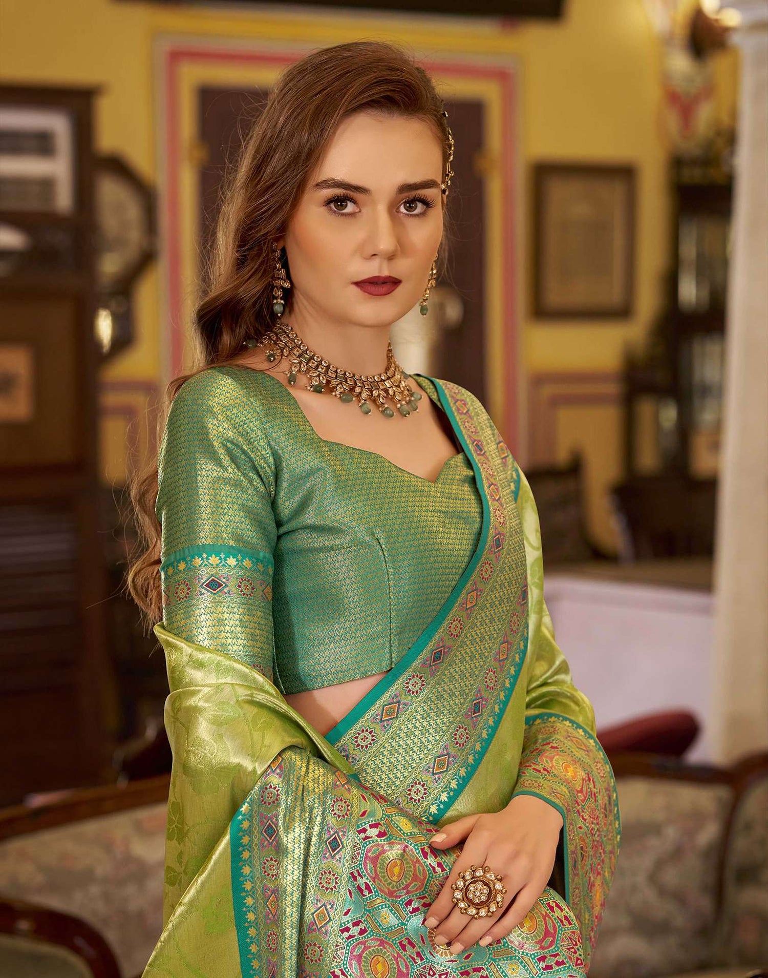 Parrot Green Tissue Silk Woven Banarasi Saree