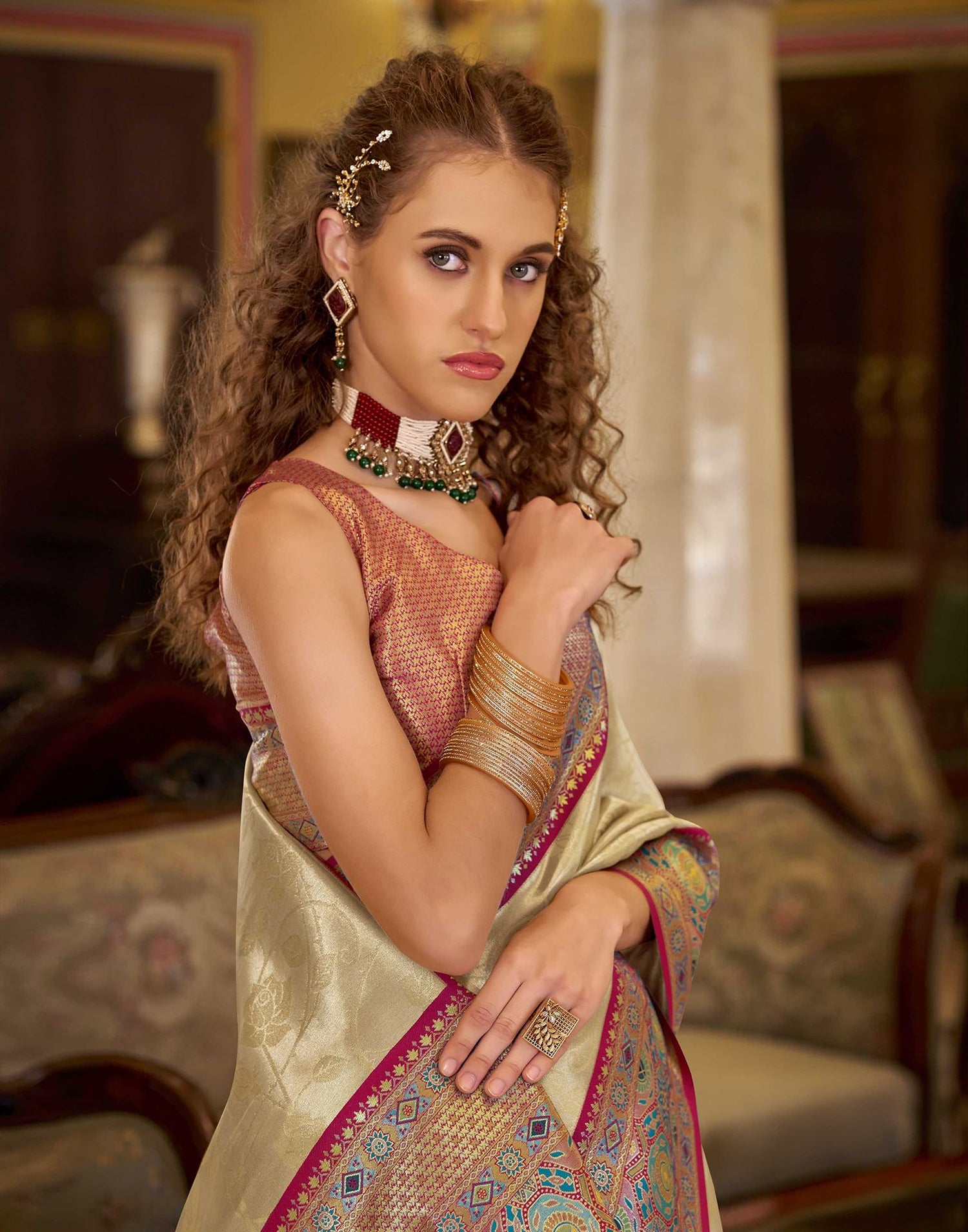 Beige Tissue Silk Woven Banarasi Saree