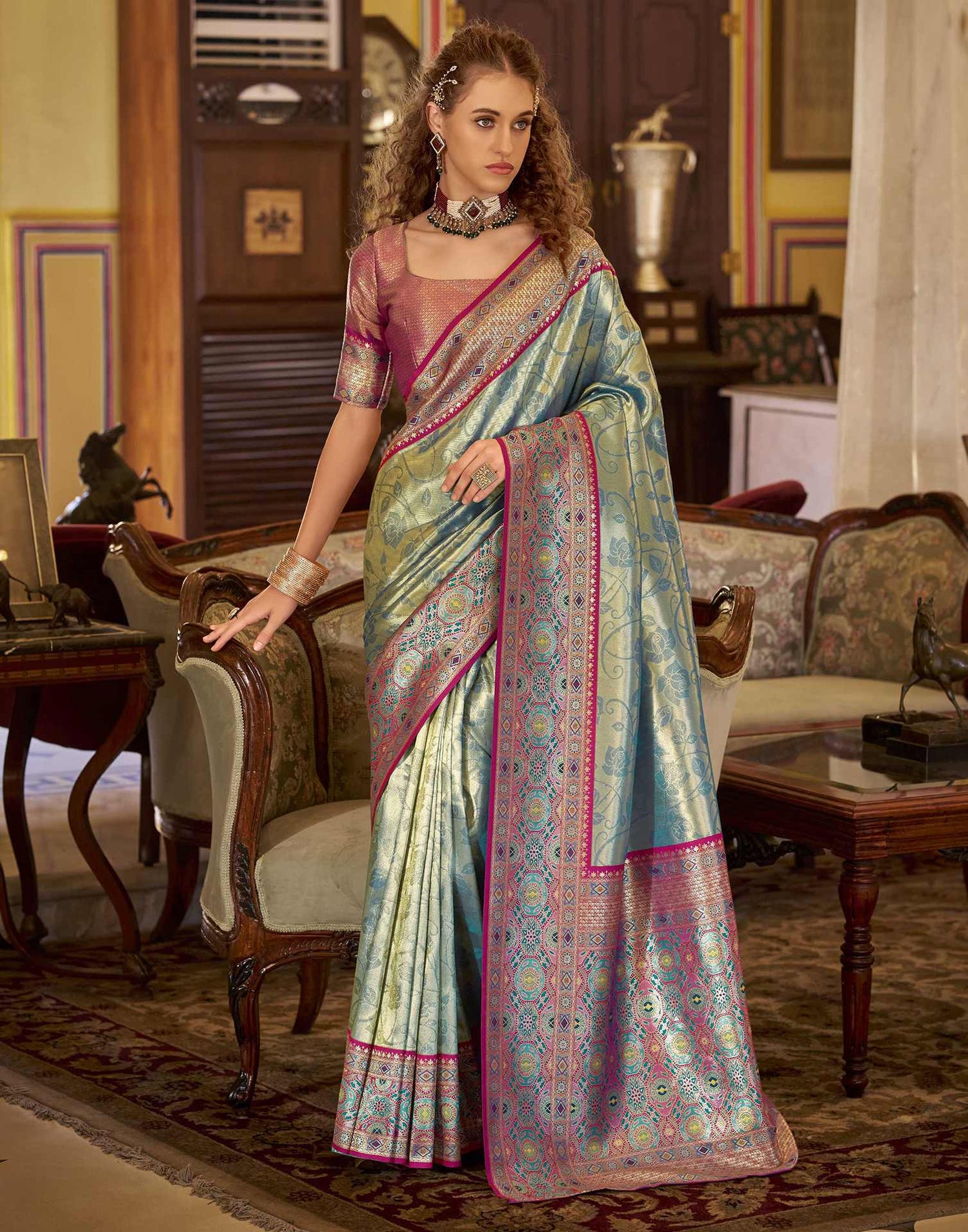 Teal Blue Tissue Silk Woven Banarasi Saree