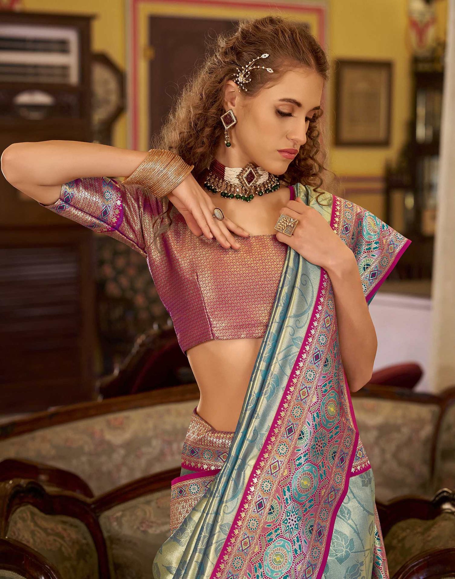 Teal Blue Tissue Silk Woven Banarasi Saree