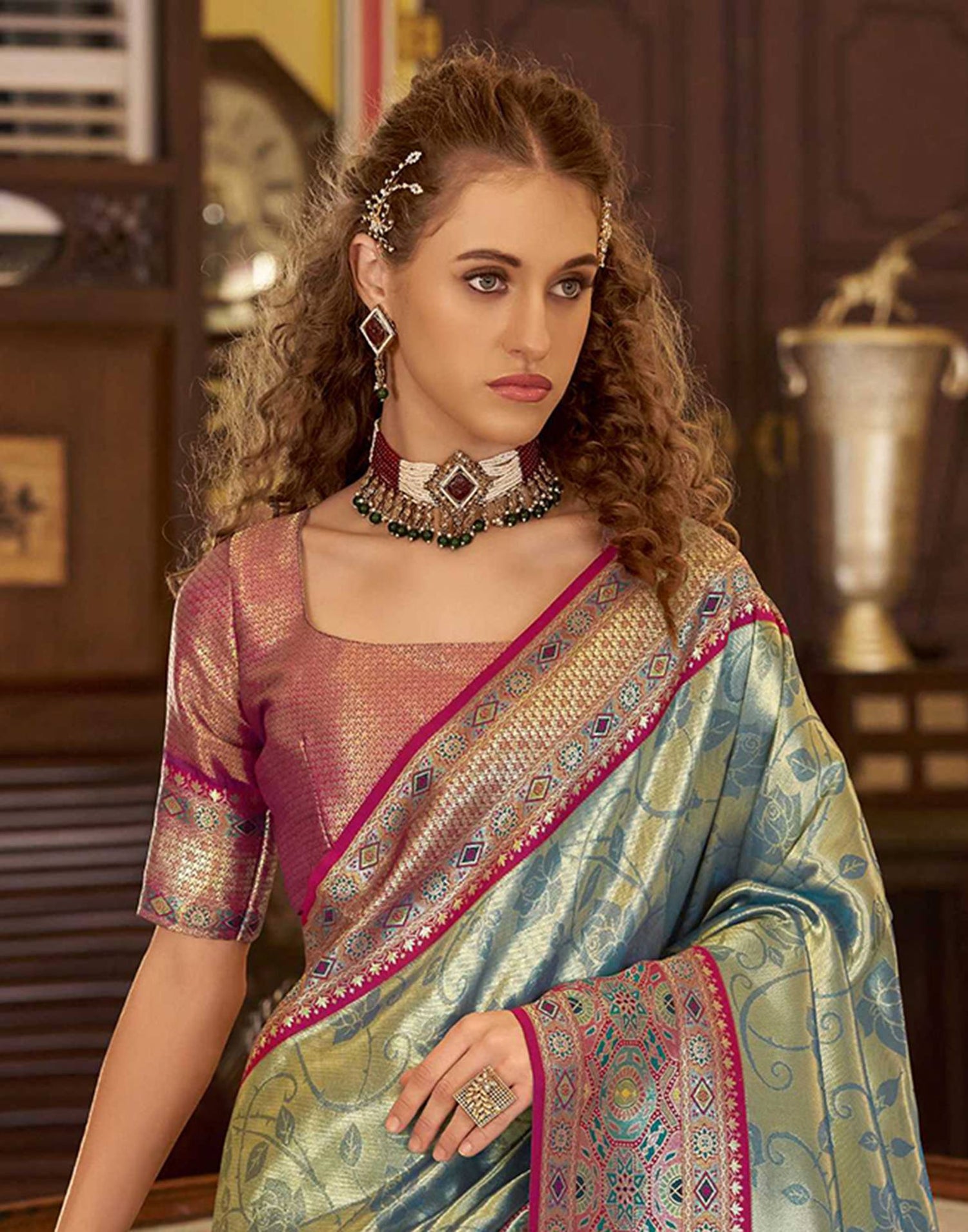 Teal Blue Tissue Silk Woven Banarasi Saree