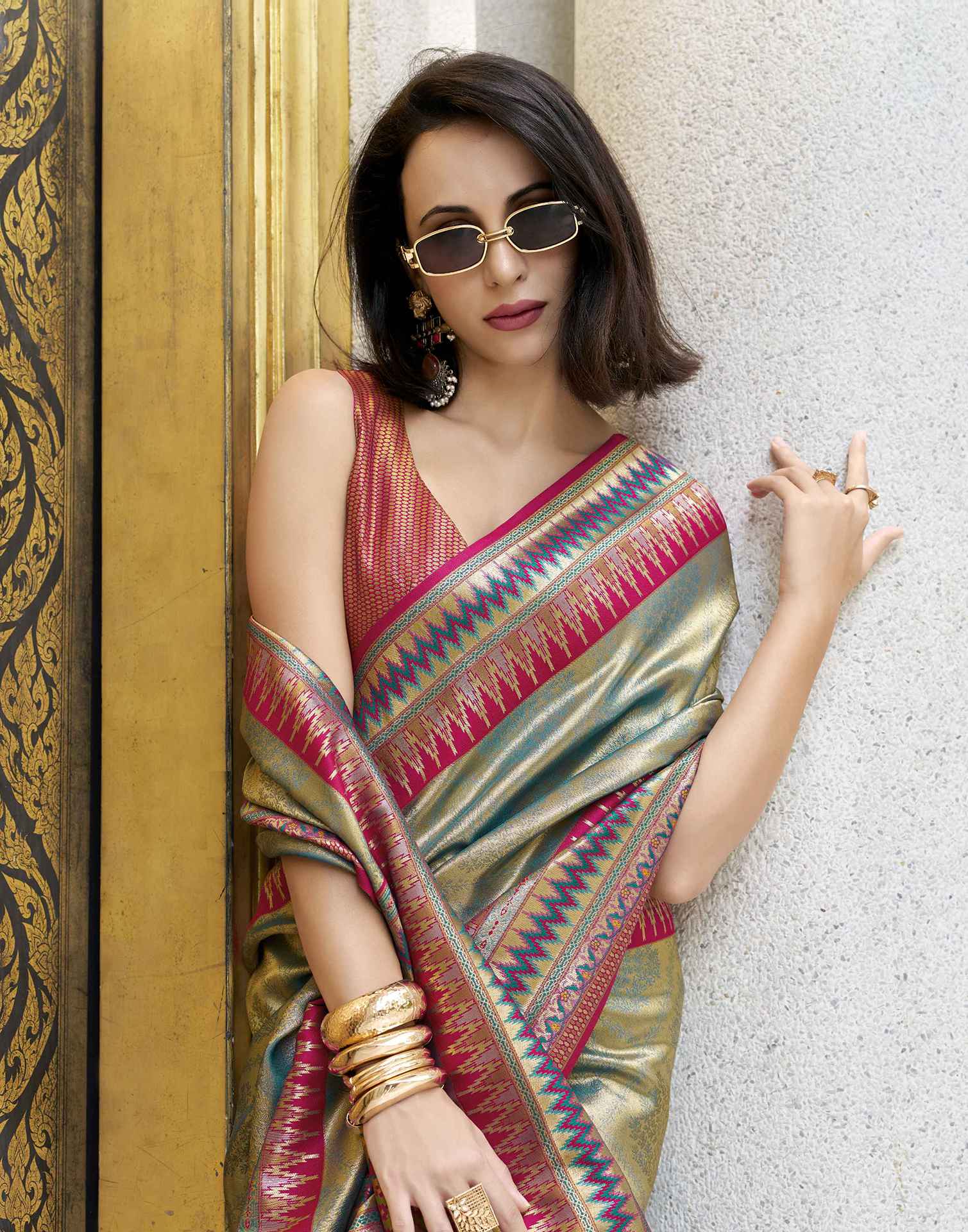 Teal Green Tissue Silk Woven Saree