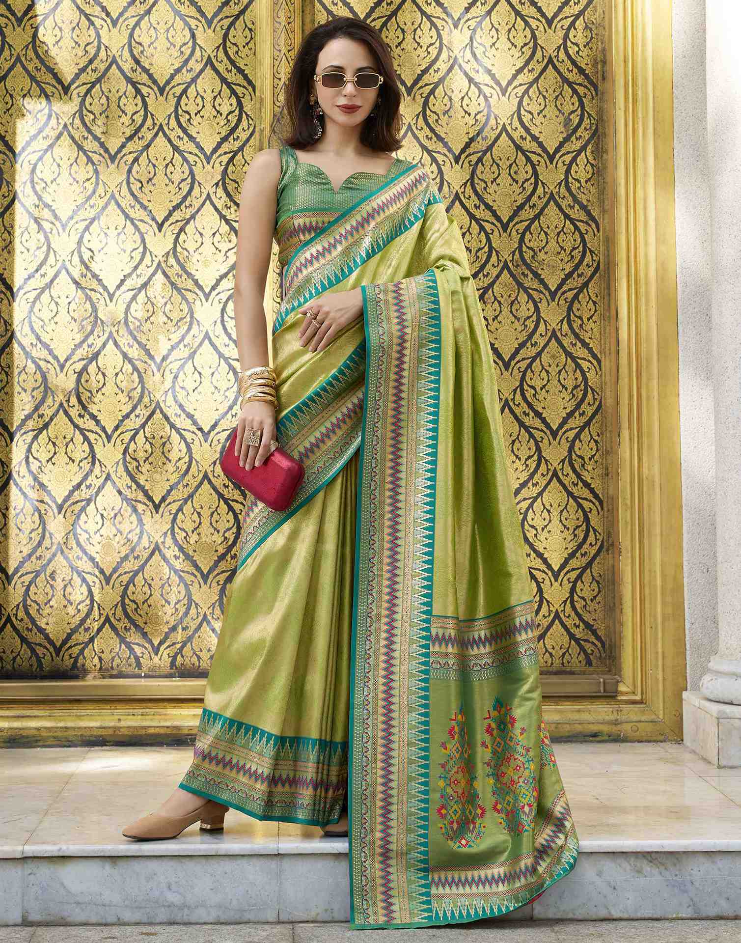 Parrot Green Tissue Silk Woven Saree