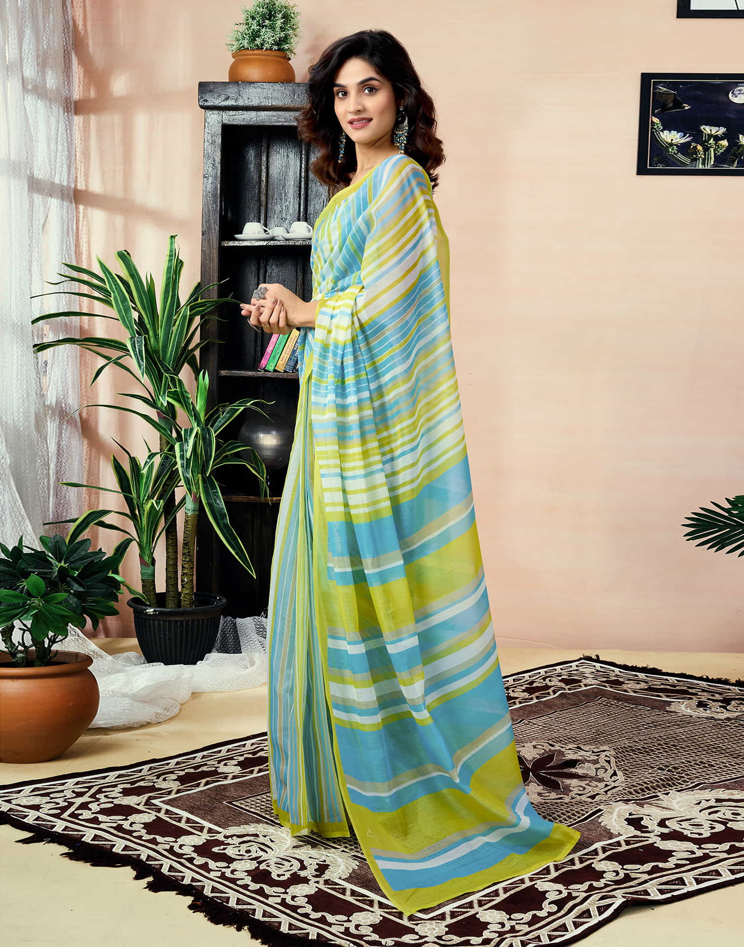 Ready To Wear Teal Green Chanderi Printed Saree With Pocket