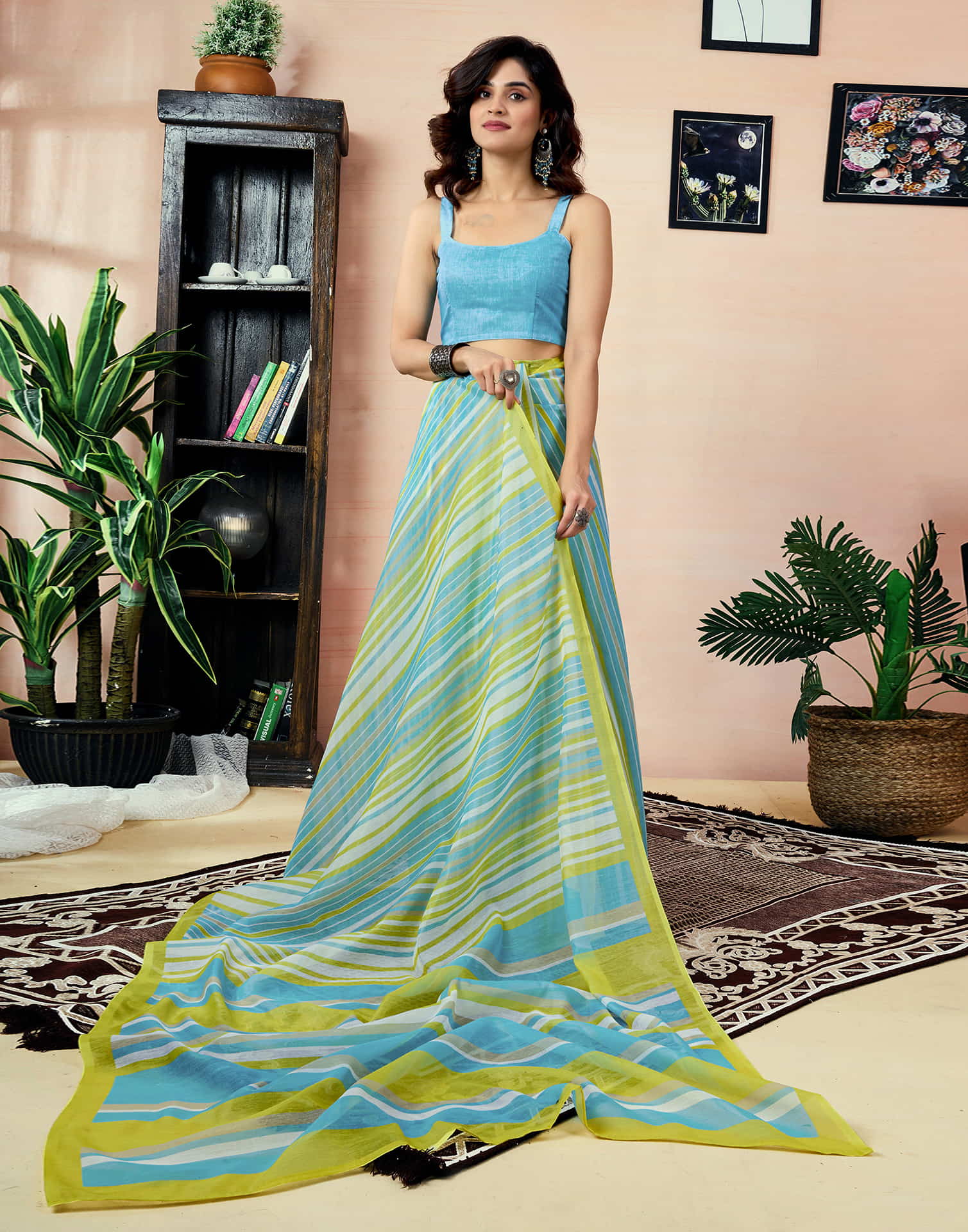 Ready To Wear Teal Green Chanderi Printed Saree With Pocket
