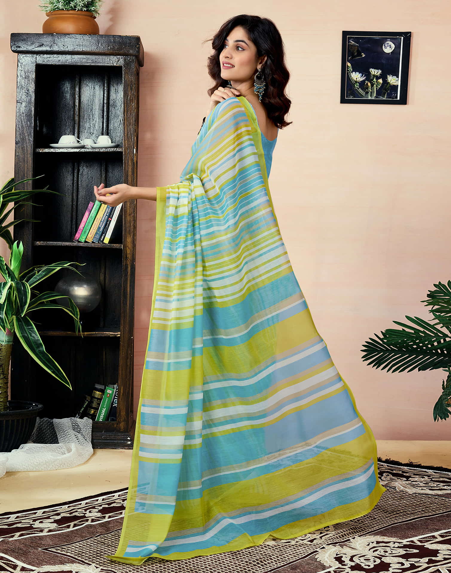 Ready To Wear Teal Green Chanderi Printed Saree With Pocket