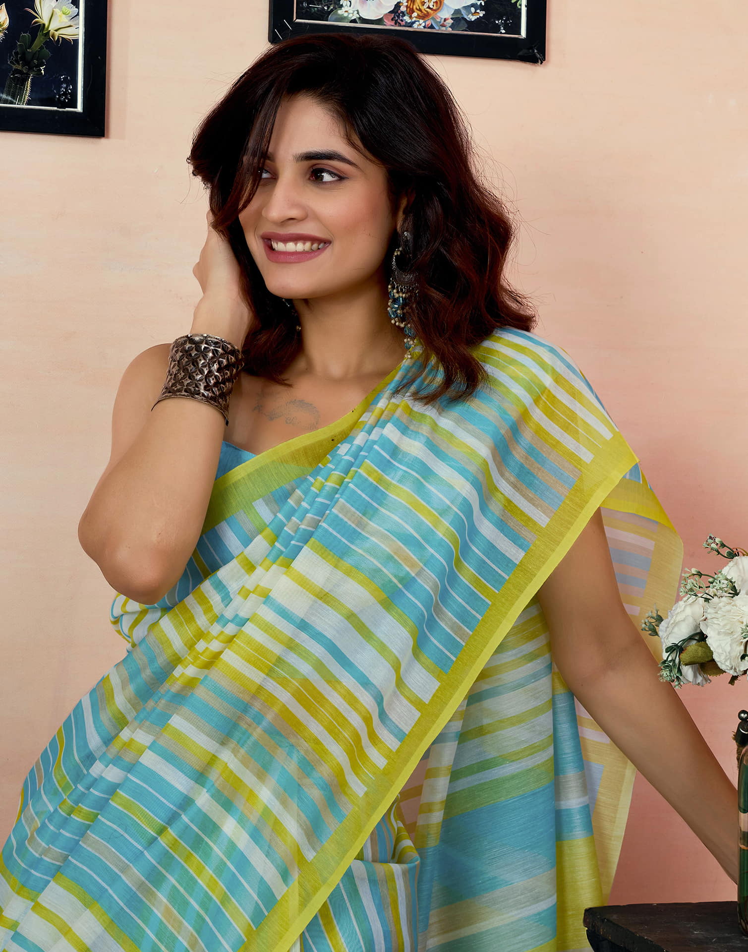 Ready To Wear Teal Green Chanderi Printed Saree With Pocket
