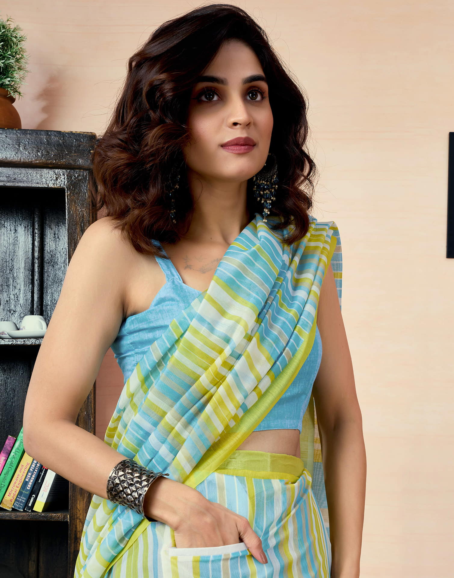 Ready To Wear Teal Green Chanderi Printed Saree With Pocket