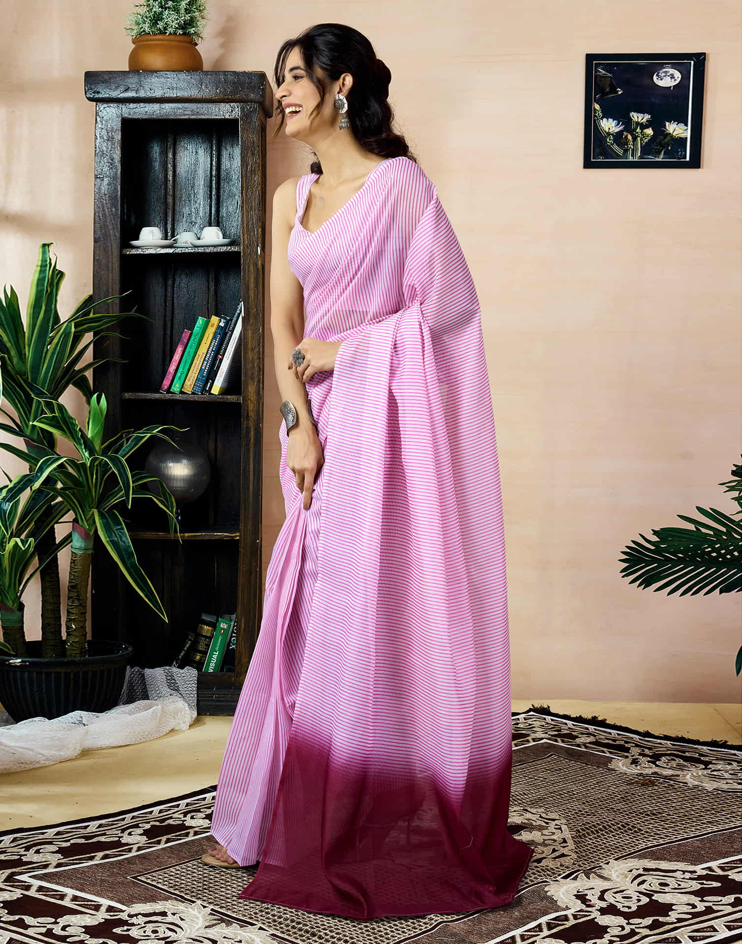 Ready To Wear Pink Chanderi Printed Saree With Pocket