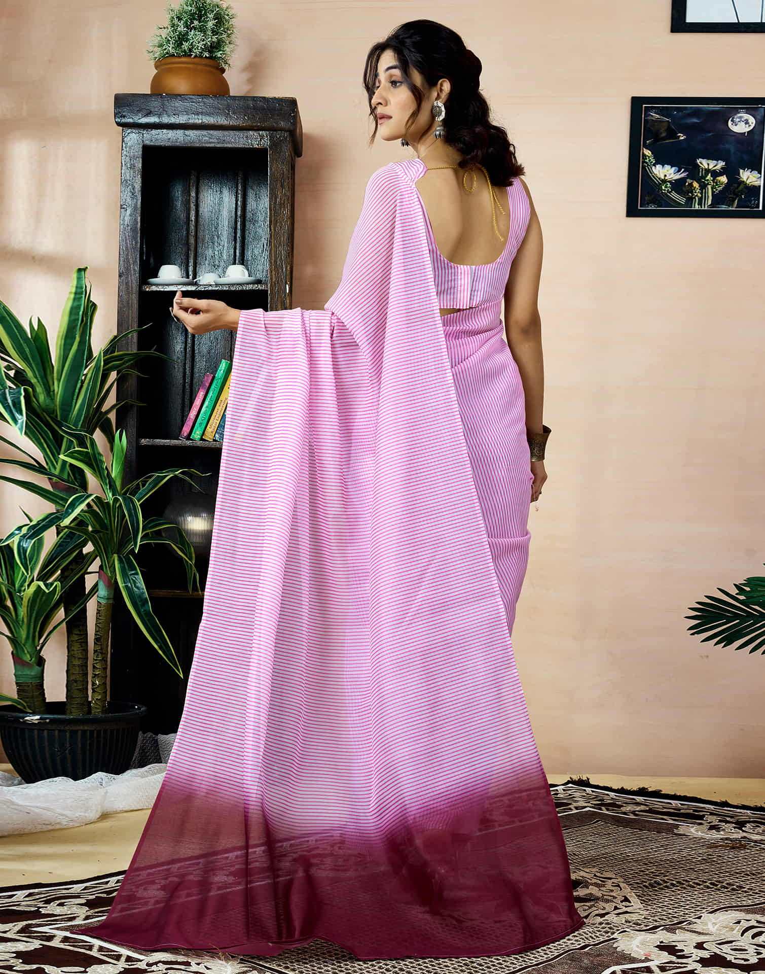 Ready To Wear Pink Chanderi Printed Saree With Pocket