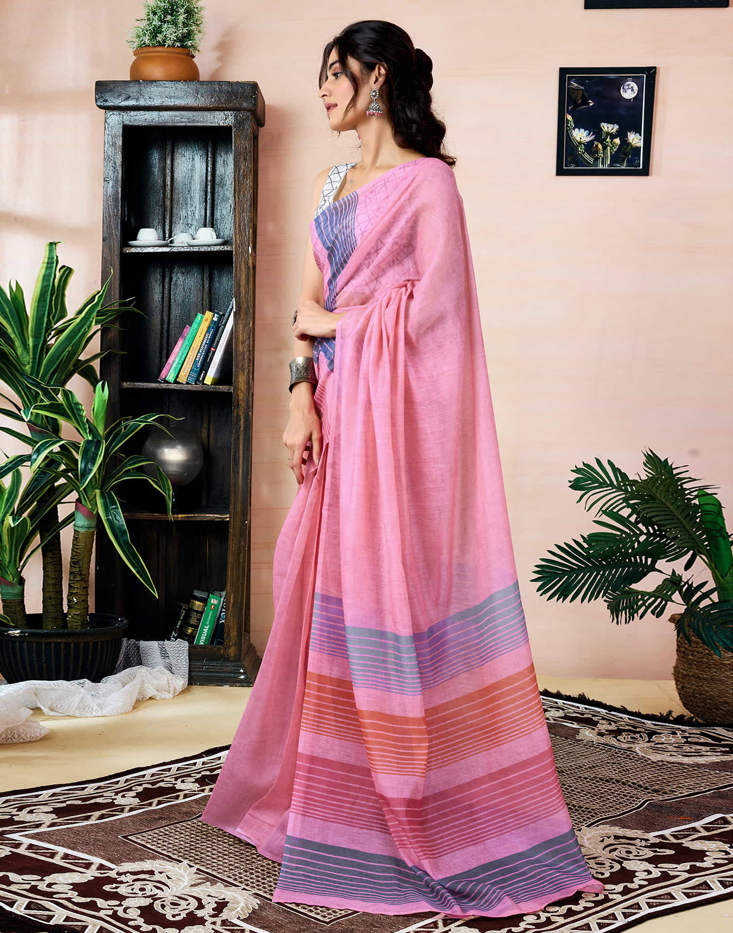 Ready To Wear Pink Chanderi Printed Saree With Pocket