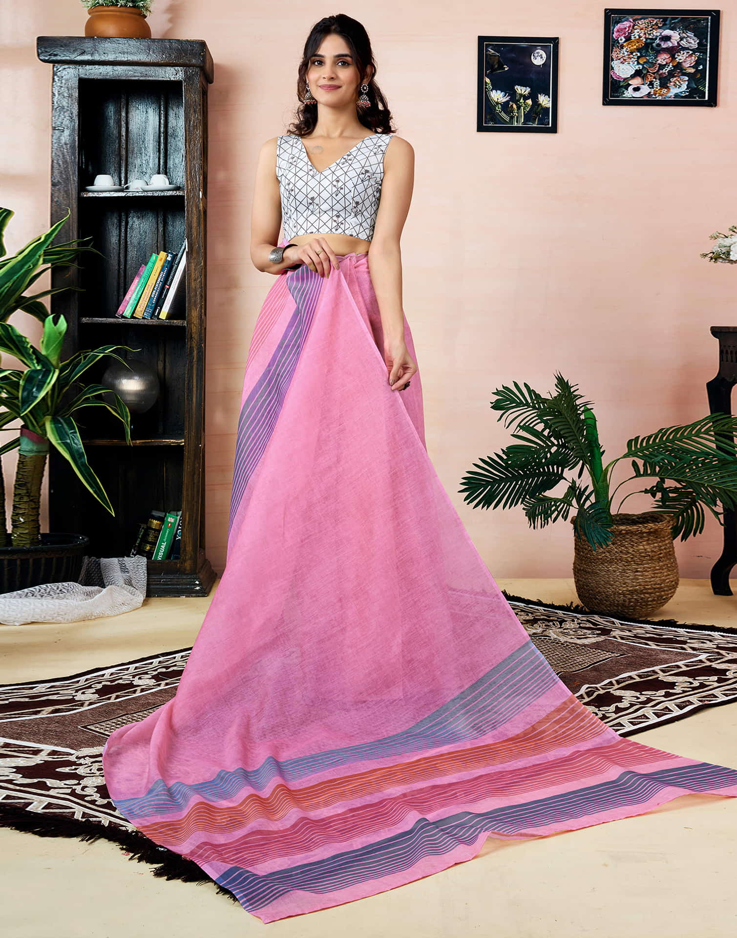 Ready To Wear Pink Chanderi Printed Saree With Pocket