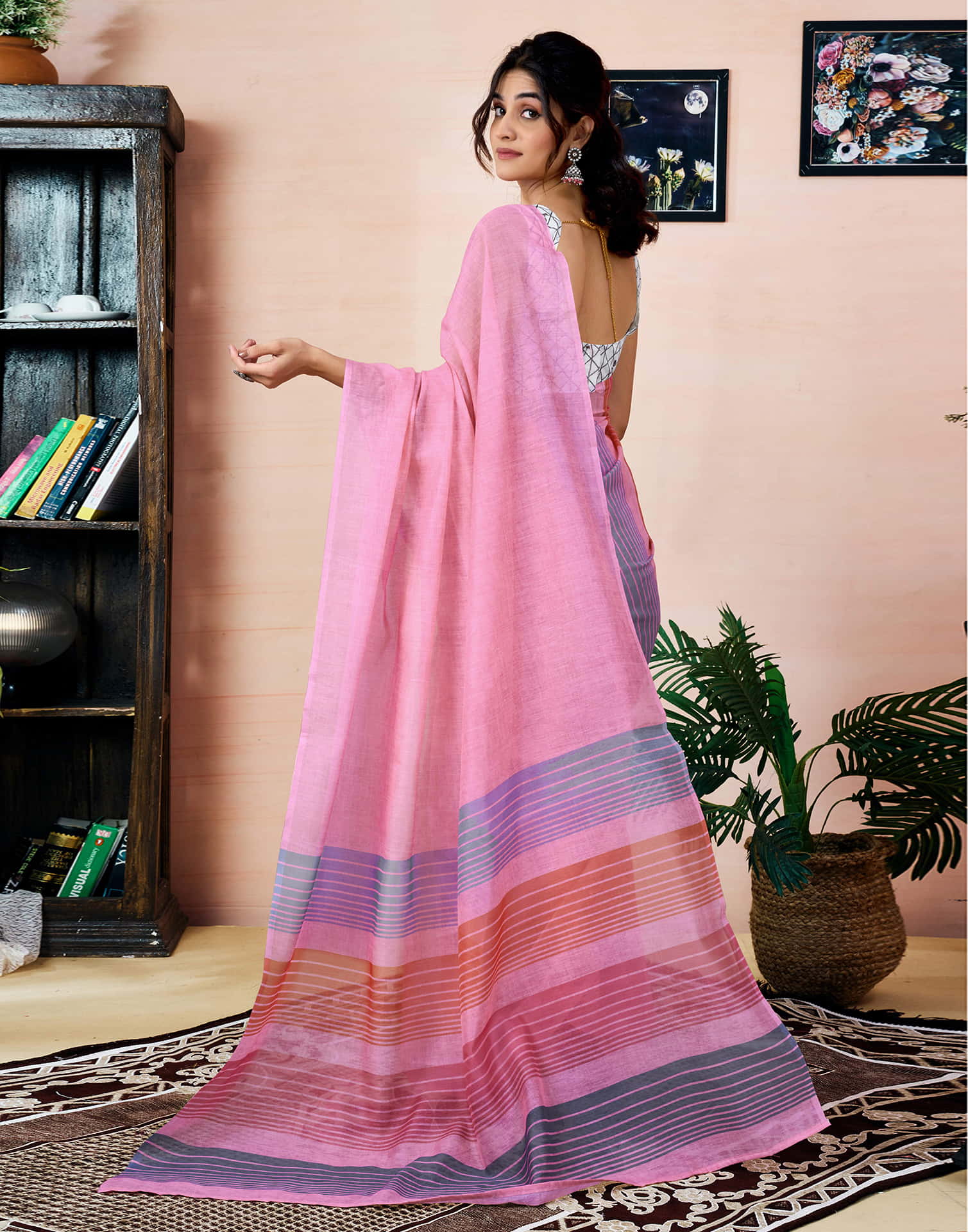 Ready To Wear Pink Chanderi Printed Saree With Pocket