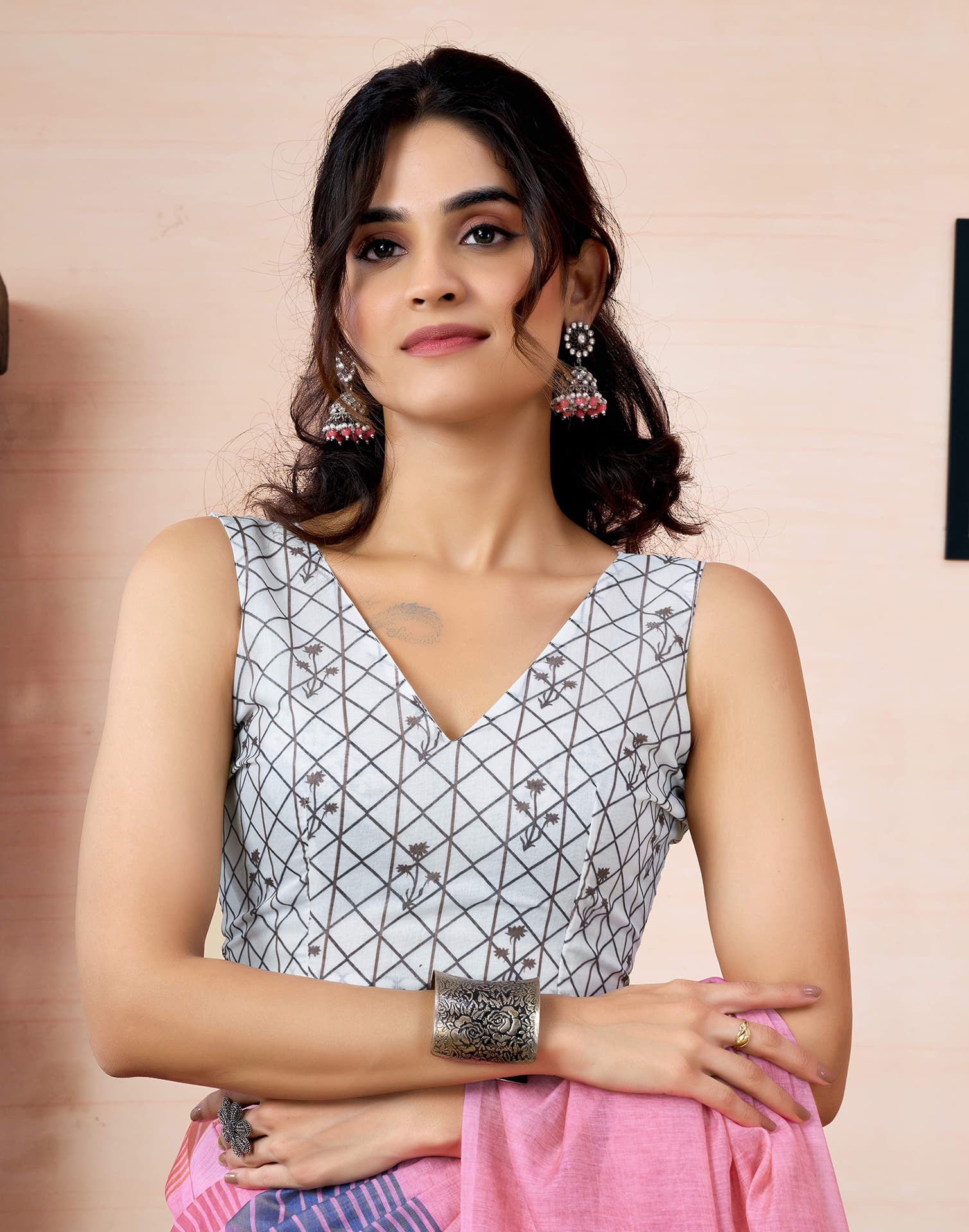 Ready To Wear Pink Chanderi Printed Saree With Pocket